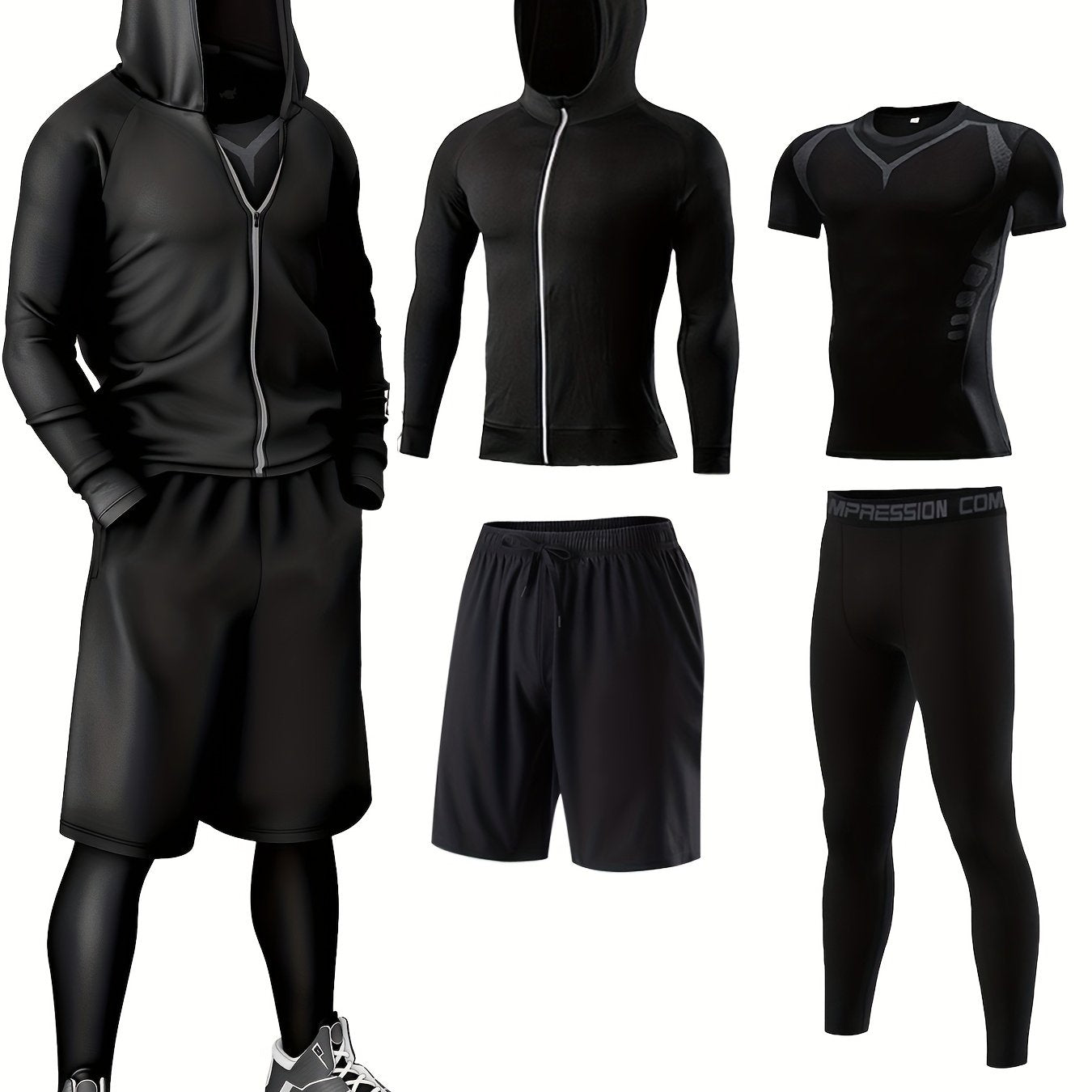 4pcs Athletic Sportswear Set, Polyester 95% Elastane 5% Knit Fabric, All-Season Crew Neck Hoodie, Skinny Fit Solid Color, Breathable Quick-Dry for Running, Fitness, Cycling & Outdoor Activities