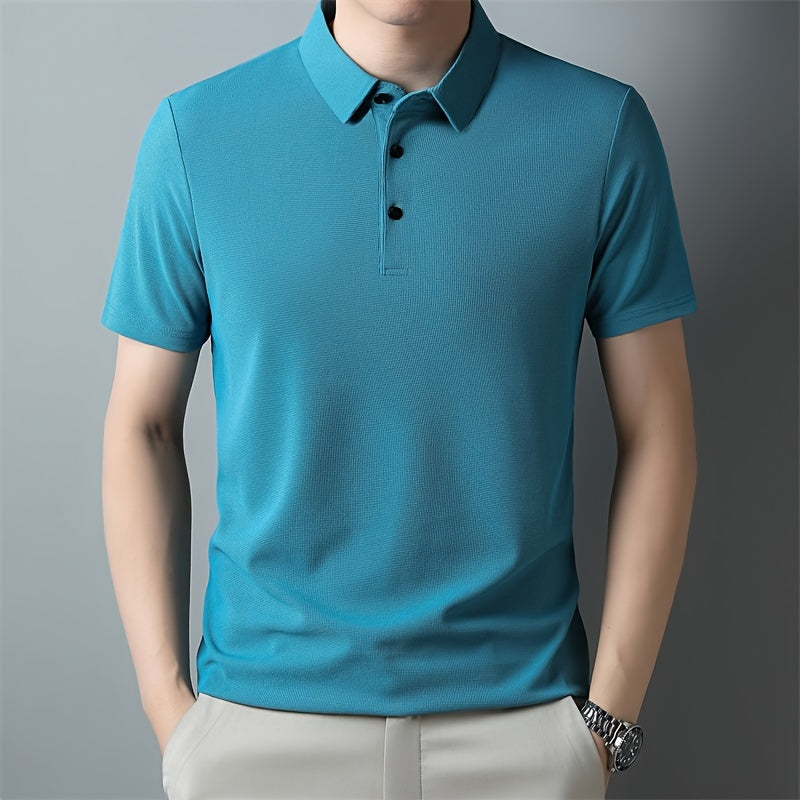 Men's Solid Short Sleeve And Lapel Collar Henley Shirt, Casual And Comfy Sports Tops For Summer Golf Wear And Outdoors Activities