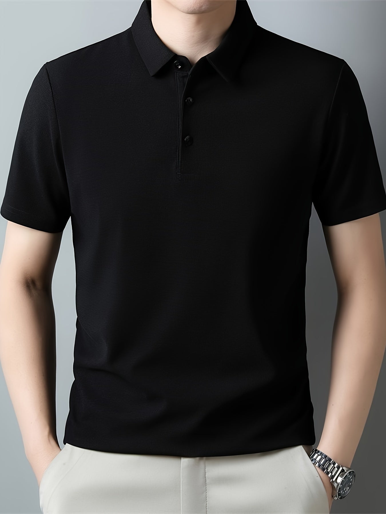 Men's Solid Short Sleeve And Lapel Collar Henley Shirt, Casual And Comfy Sports Tops For Summer Golf Wear And Outdoors Activities