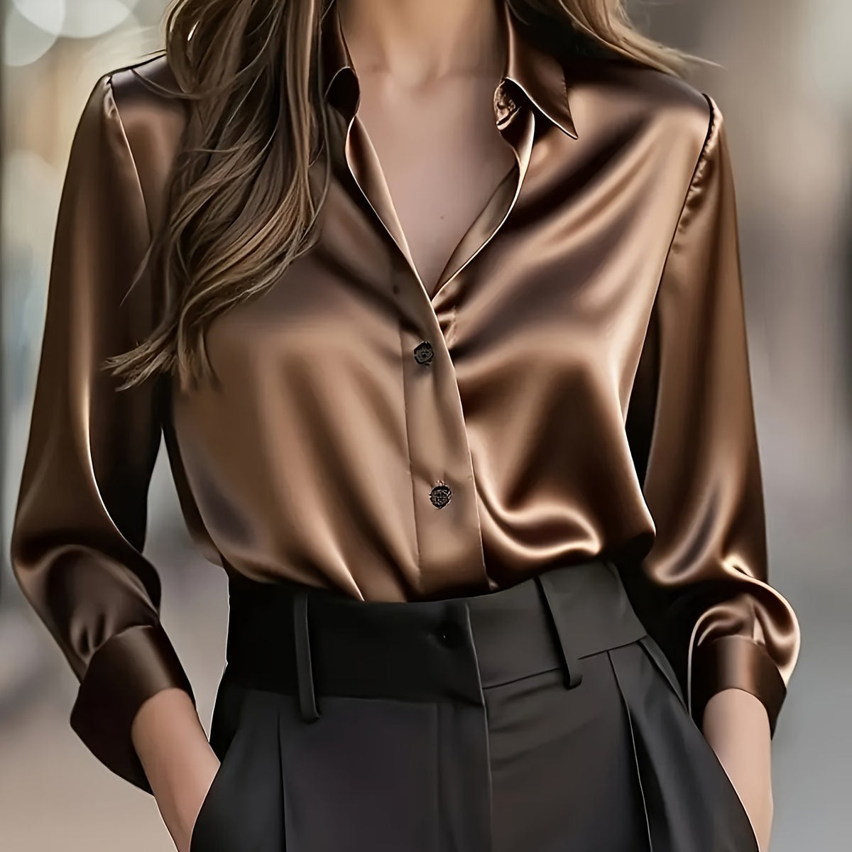Women's Elegant All-Season Glossy Shirt Jacket - Collar -Front Closure, Solid Brown (Copper/Black) - Tailored Blazer for, Office & Formal Events - Machine Washable Non-Stretch Professional Outerwear