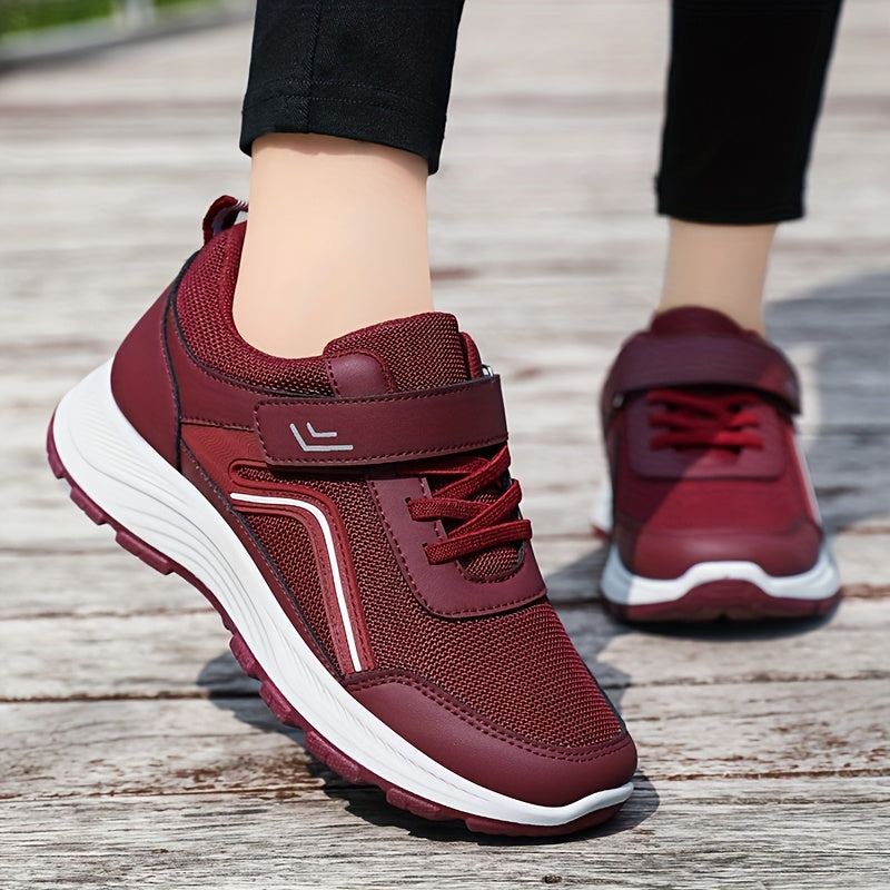 Women's Breathable Mesh Sneakers - Maroon Low-Top Casual Sneakers with Adjustable Hook-and-loop Fastener Strap Laces, Comfortable Fabric Insole, All-Season Round Toe Design, Breathable Footwear Stylish Mesh Sneakers Adj