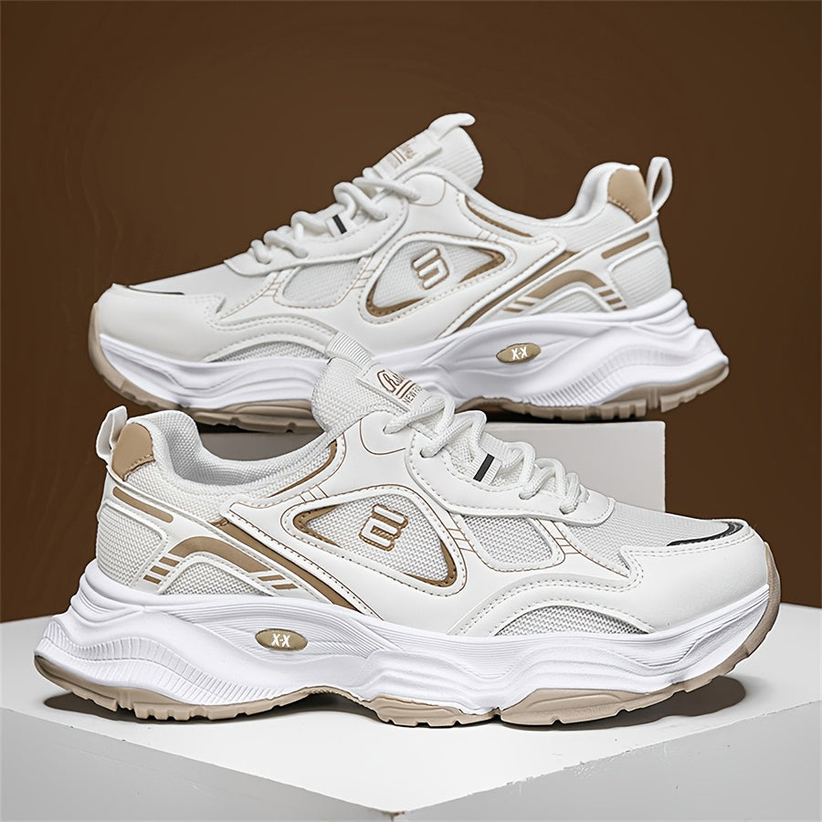 Men'S 2025 New Fashionable Low-Top Sneakers with Thick Sole - Non-Slip, Outdoor Casual Shoes for Teenagers and Young Adults, White and Golden Accents, All-Season Comfort, Casual Footwear Modern Sneaker Design Rubber Base