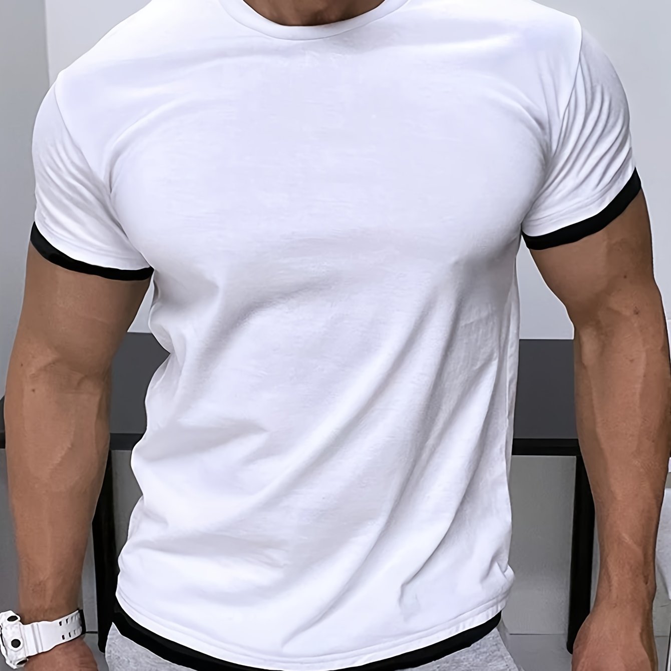Men's Classic Summer Casual Short Sleeve T-Shirt - Black with White Trim, Round Neck, Stretch Fabric, Comfortable Stylish for Casual Attire, Twiceiquest Fashion Faux Twopiece Smooth Texture