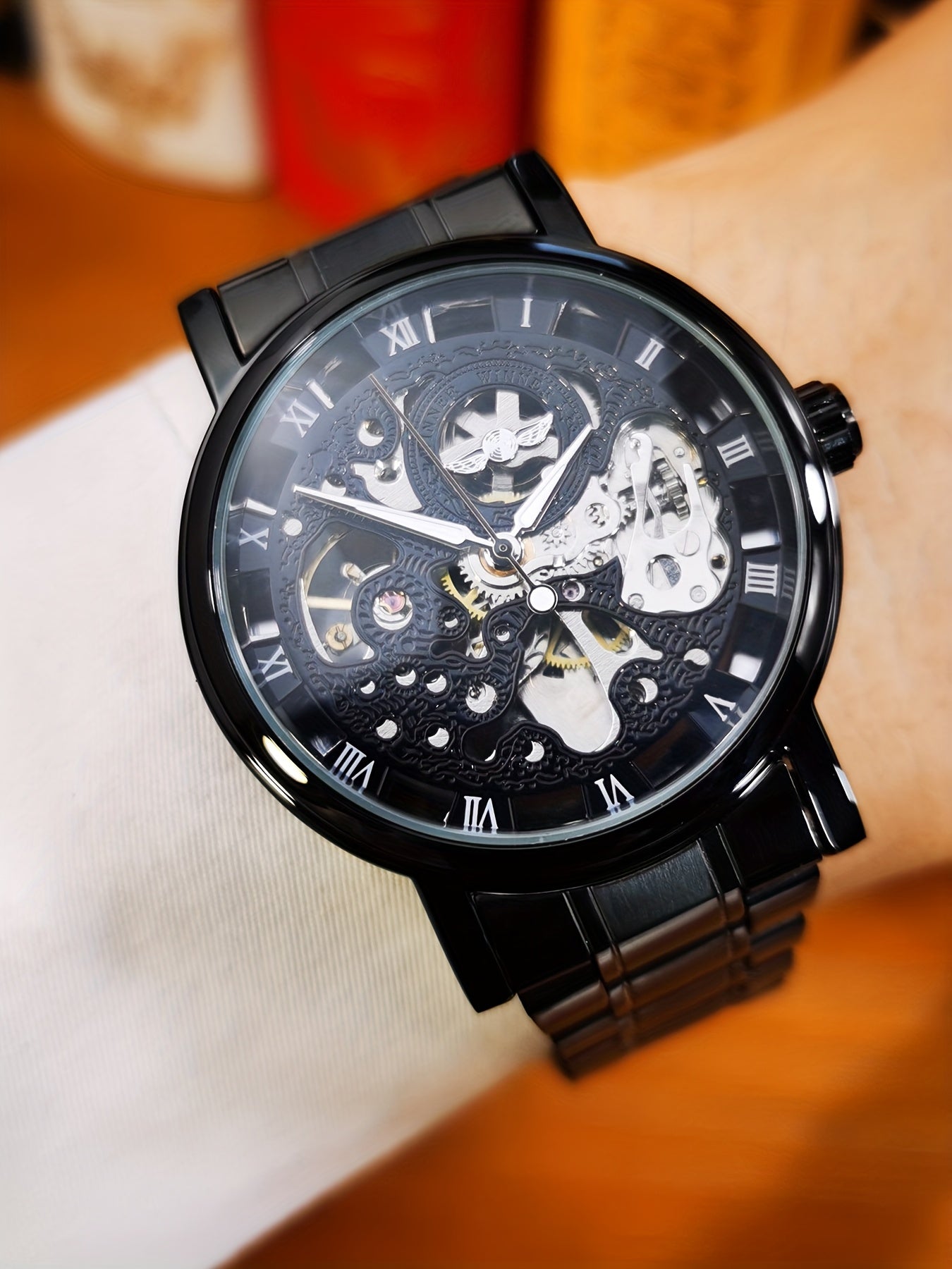1pc T-WINNER Men'S Luxury Skeleton Automatic Mechanical Watch with Luminous Hands, Black Stainless Steel Strap & Roman Numerals - 3ATM High Quality, Business Casual Style, Includes Gift Box, Business Casual Watch | Skeleton W