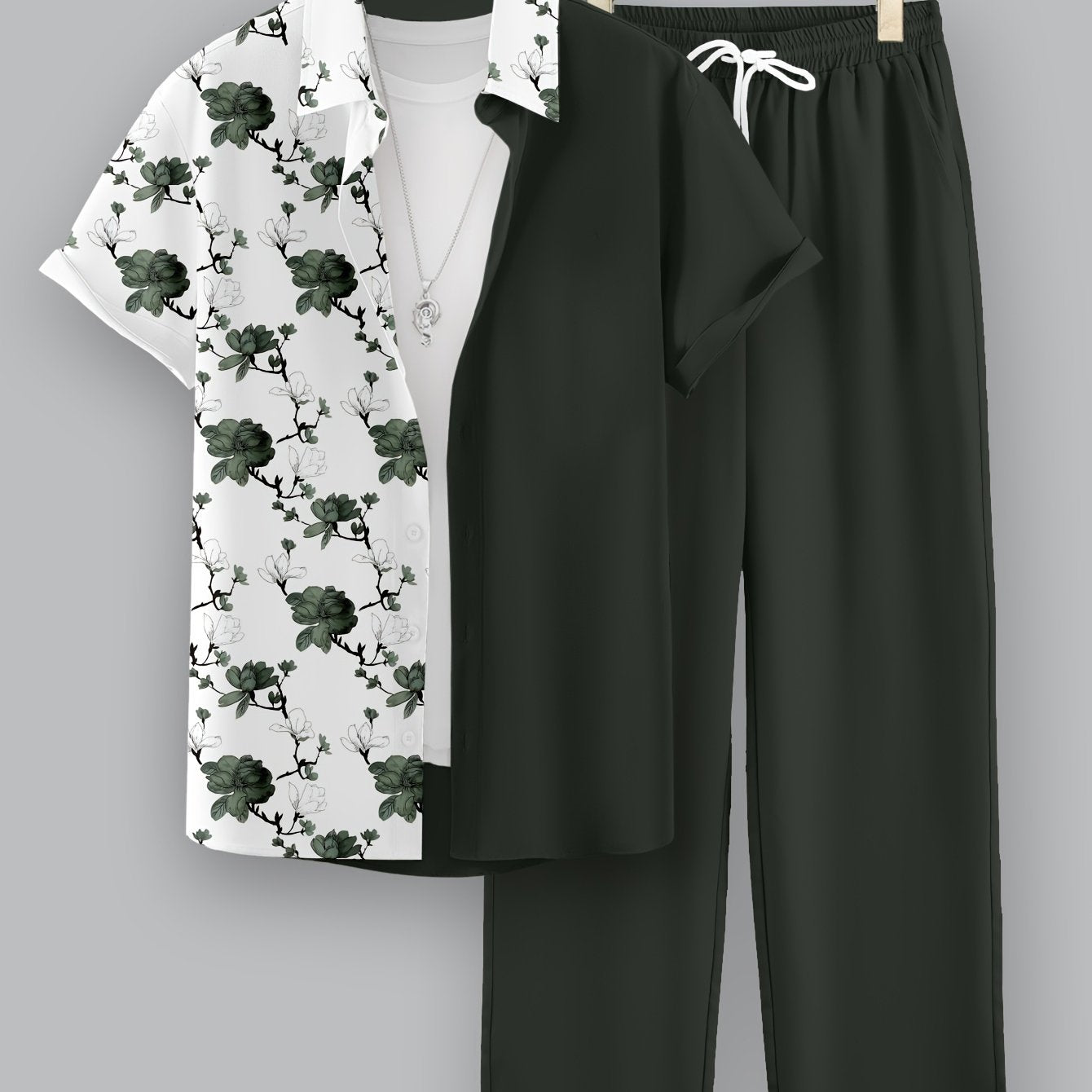 Men's Casual 2-Piece Set, Random Print Short Sleeve Shirt And Drawstring Pants, Regular Fit, Casual Beach Vacation Outfit