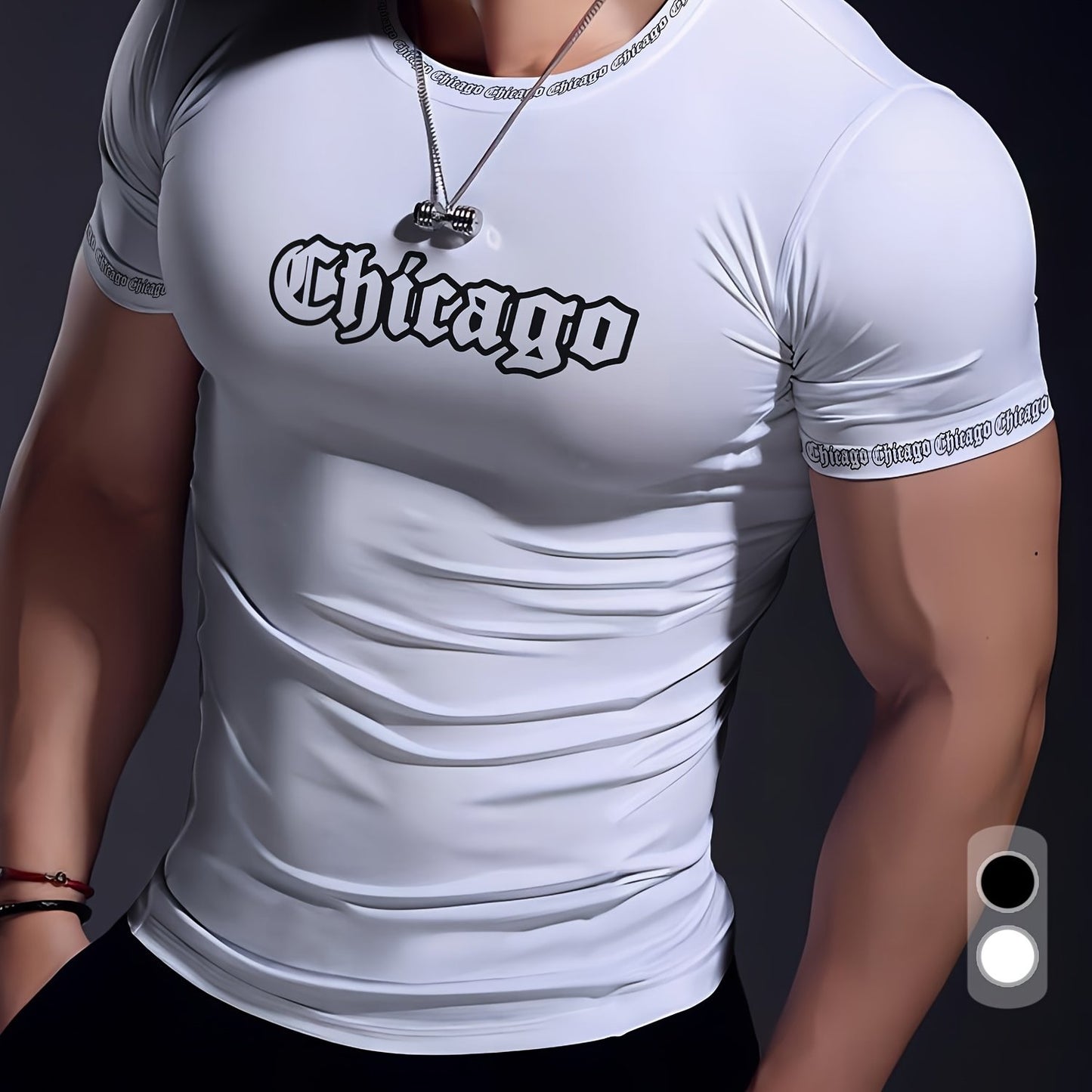 Men'S Chicago Print T-Shirt, Polyester-Spandex Blend, Crew Neck, Short Sleeve, Geometric Pattern, High Stretch, Tear Resistant, Sports Casual Style, Summer Fit Top for Training, Yoga, Hiking Festive Occasions