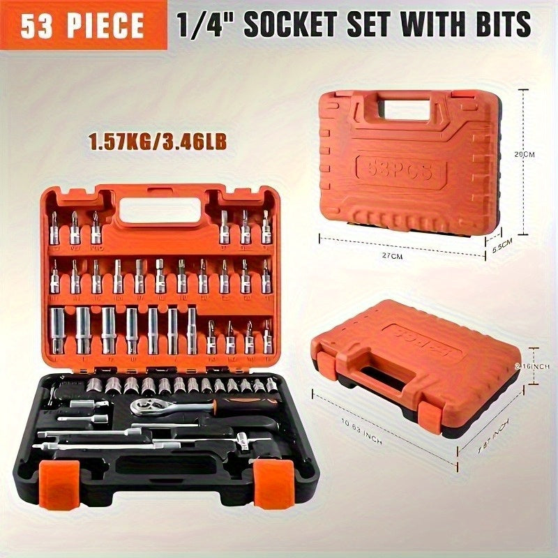 53/50pcs Chrome Vanadium Impact Socket Set, 3/8 Inch Drive, 6-Point Design, Includes SAE Sizes from 5/16 to 3/4 Inch and Metric Sizes from 8 to 22mm, with Ratchet Handle, Extension Bar, Adapter, and Glove