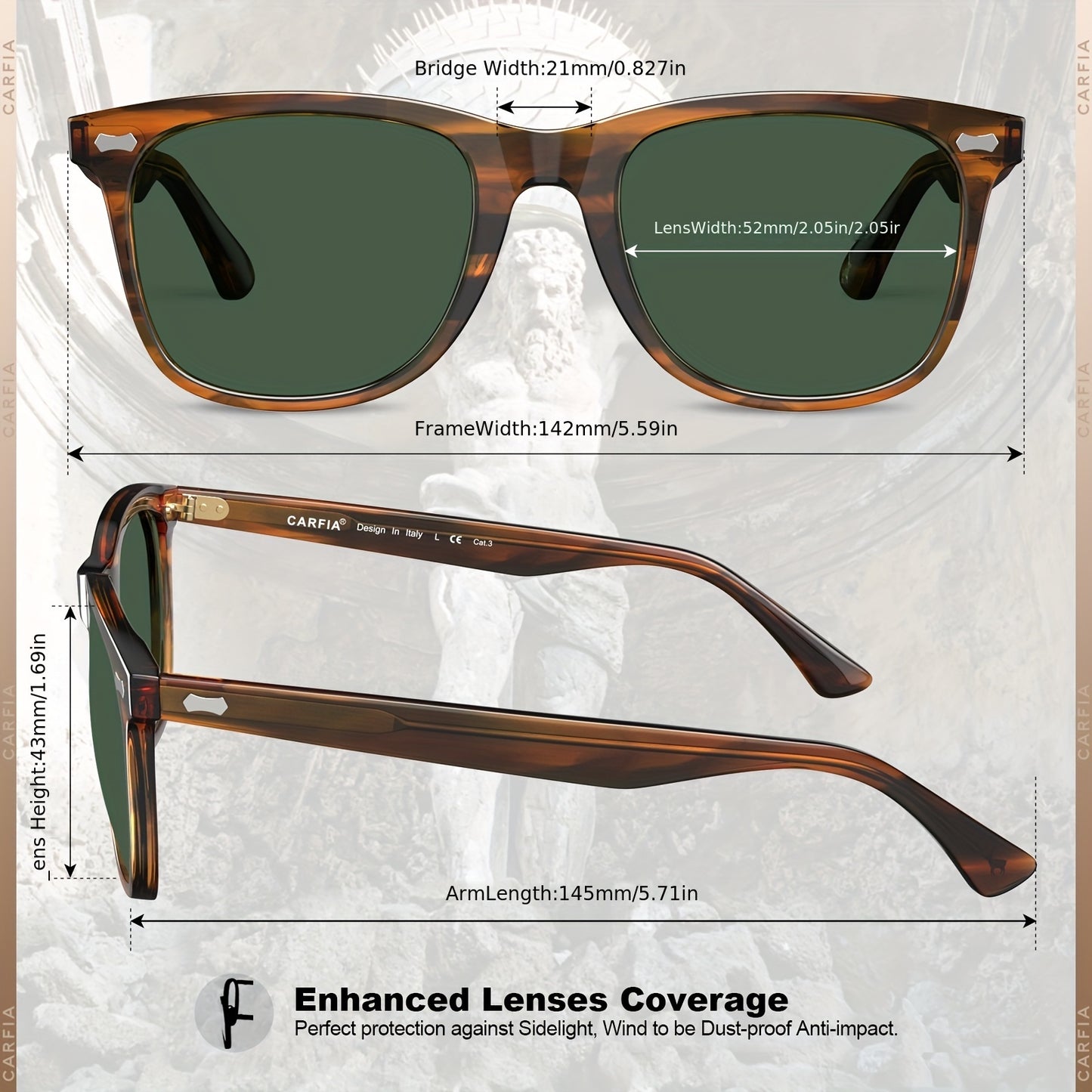 CARFIA Square Polarized Glasses For Men UV400 Protection Retro Acetate Italian Hand-crafted Driving Shades