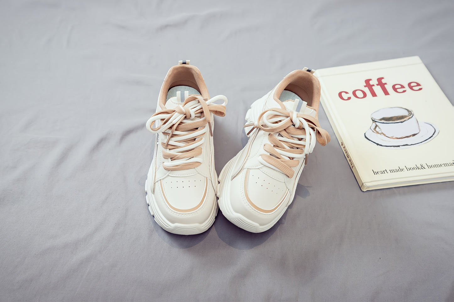 Women's Trendy Chunky Sneakers - Breathable Lace-Up Dad Shoes with Thick PVC Sole, White Beige Two-Tone Design, Versatile Low-Top Style for Casual Attire