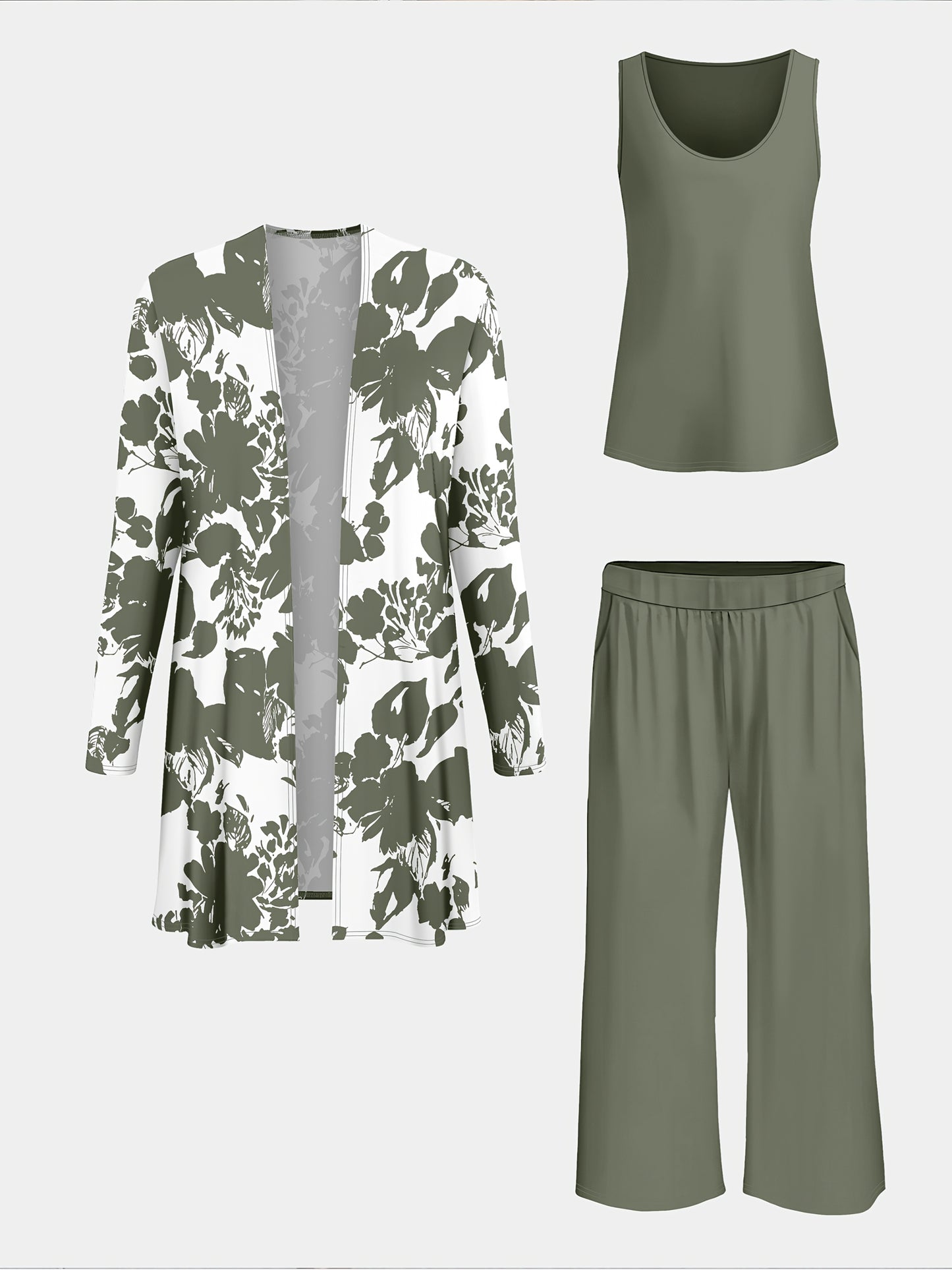 Plus Size, A three-piece set of elegant and unique female plus-size floral printed top and solid-colored vest and trousers