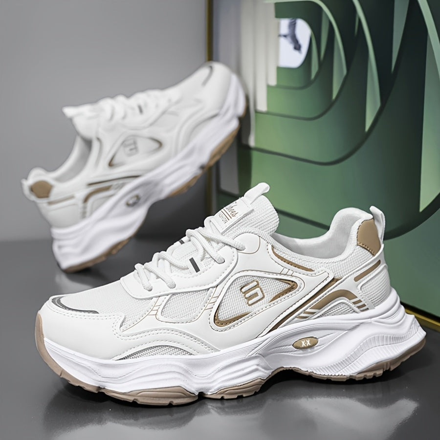 Men'S 2025 New Fashionable Low-Top Sneakers with Thick Sole - Non-Slip, Outdoor Casual Shoes for Teenagers and Young Adults, White and Golden Accents, All-Season Comfort, Casual Footwear Modern Sneaker Design Rubber Base