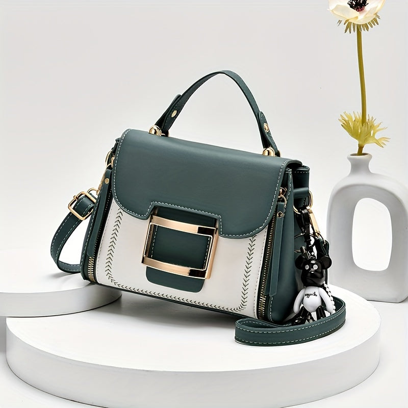 Fashion Color Contrast Handbag, Women's Buckle Decor Crossbody Bag, Elegant Top Handle Mini Square Purse