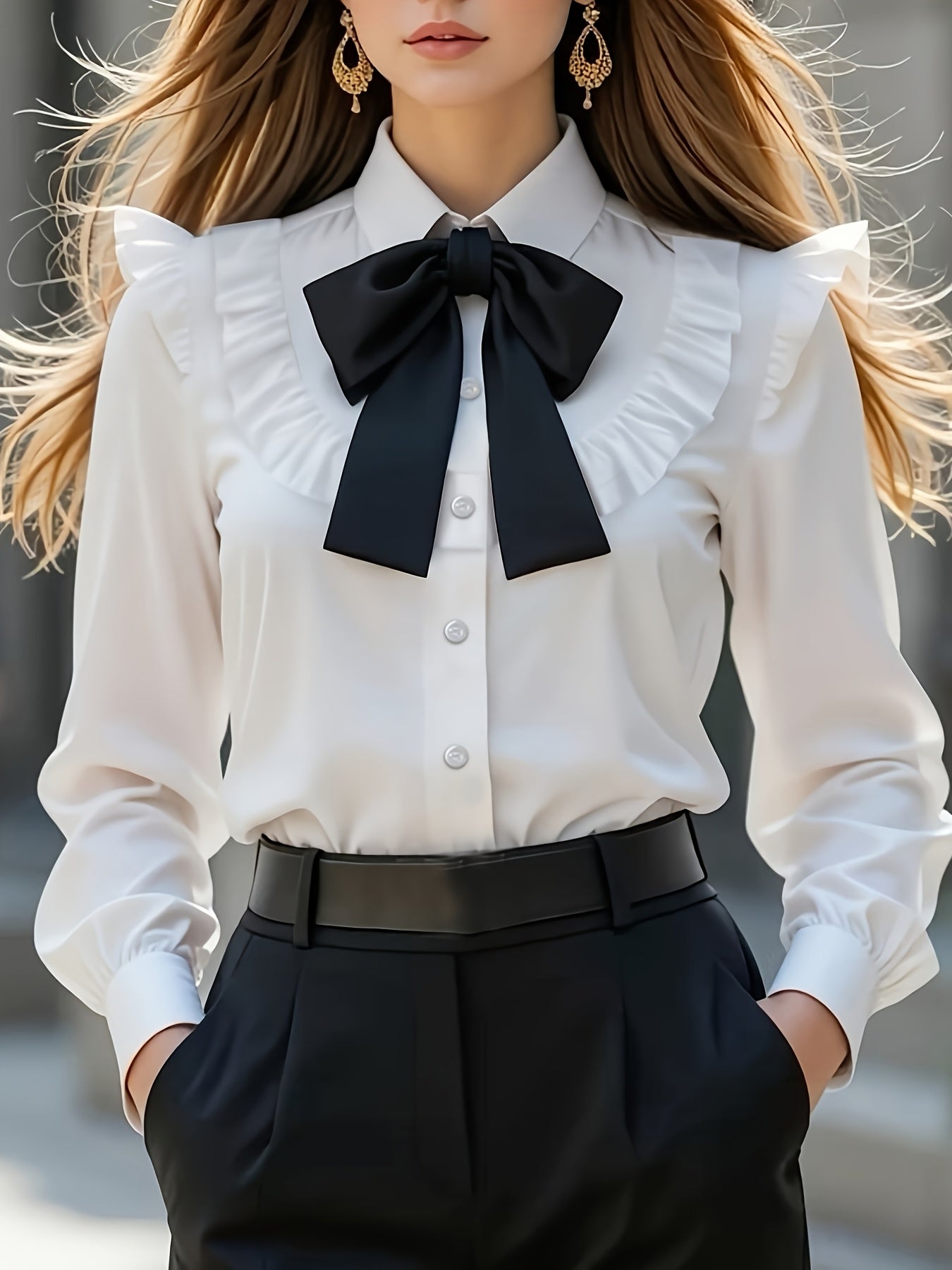 Elegant Women's Bow Blouse with Ruffle Trim, Long Sleeve Work Shirt
