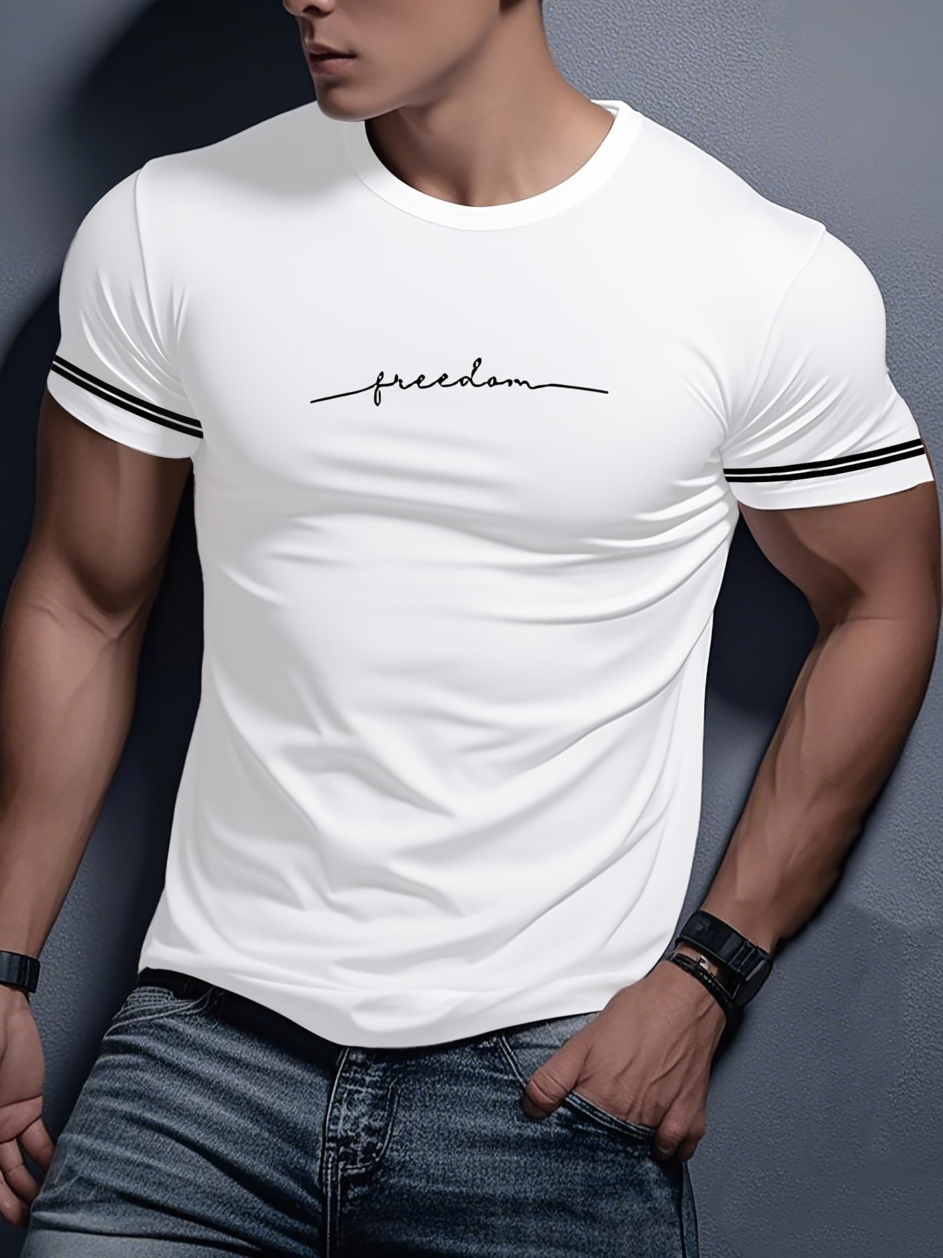 Men'S "Freedom" Graphic T-Shirt - Black Casual Crew Neck Tee with White Stripes, Breathable Polyester Blend, Regular Fit for Casual Attire, Everyday Tshirt Bold Print Tee Comfortable Fit, Knit