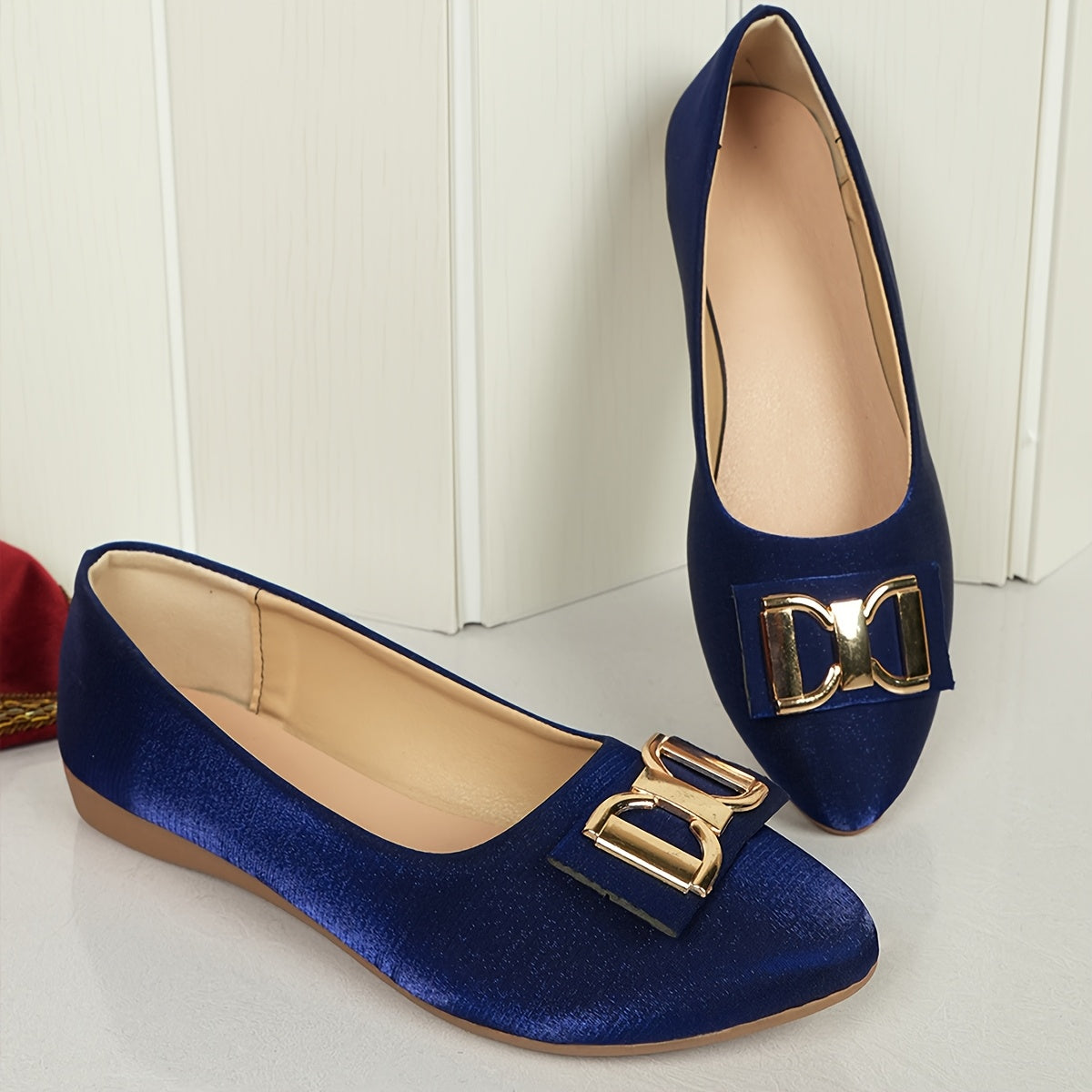 Women's Elegant Red Slip-On Flats with Golden Double Buckle Design - Comfortable Faux Cover Shoes for All Seasons, Pointed Toe Rubber Sole, Perfect for Casual or Dressy Occasions, Dressy Flats Buckle Embellished Shoes Lux