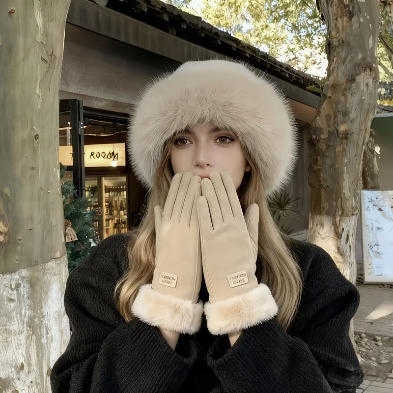 Women’s Autumn/Winter Thermal Gloves and Plush Fisherman Hat Set