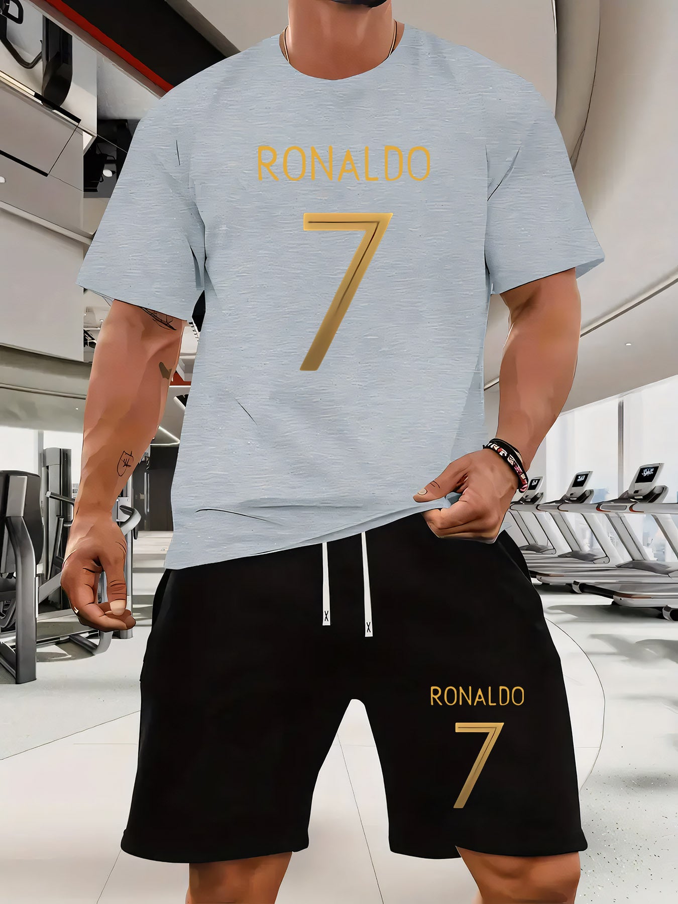 Ronaldo 7 Print Men'S Short Sleeve T-Shirt and Waistband Shorts 2pcs Casual Sports Regular Top & Bottom Set, Suitable for Spring/Summer