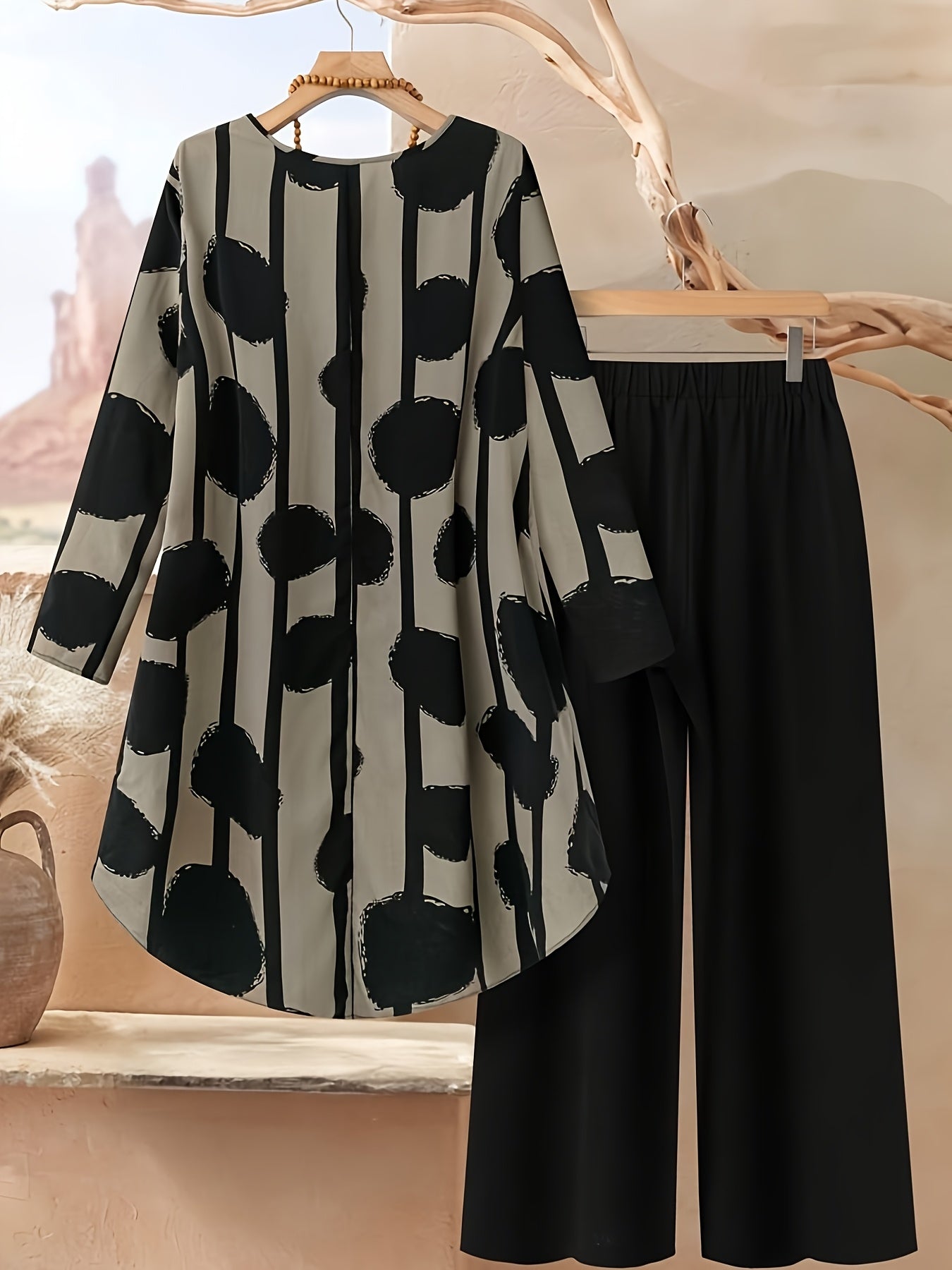 Women's Two-Piece Set with Geometric Pattern Round Neck Long Sleeve, Loose Hem Front Short Back Top and Pants, Casual Style, Summer/Autumn Wear, Mid-Length Tops, Solid Color Trousers, Long Sleeve Outfit