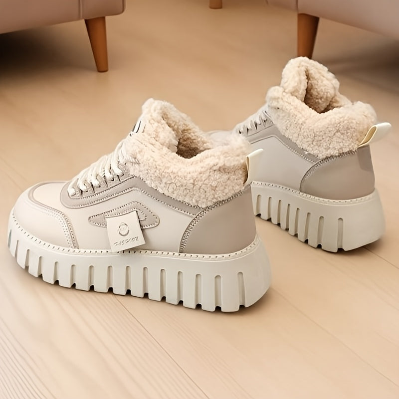 Women'S Winter Warm High-Top Sneakers - Breathable Synthetic, Plush Lined, Durable PVC Sole, Stylish Beige & White Design for Outdoor Casual Wear, Winter Sneakers | Stylish Winter Shoes | Durable PVC Sole, Women Winter Shoes,