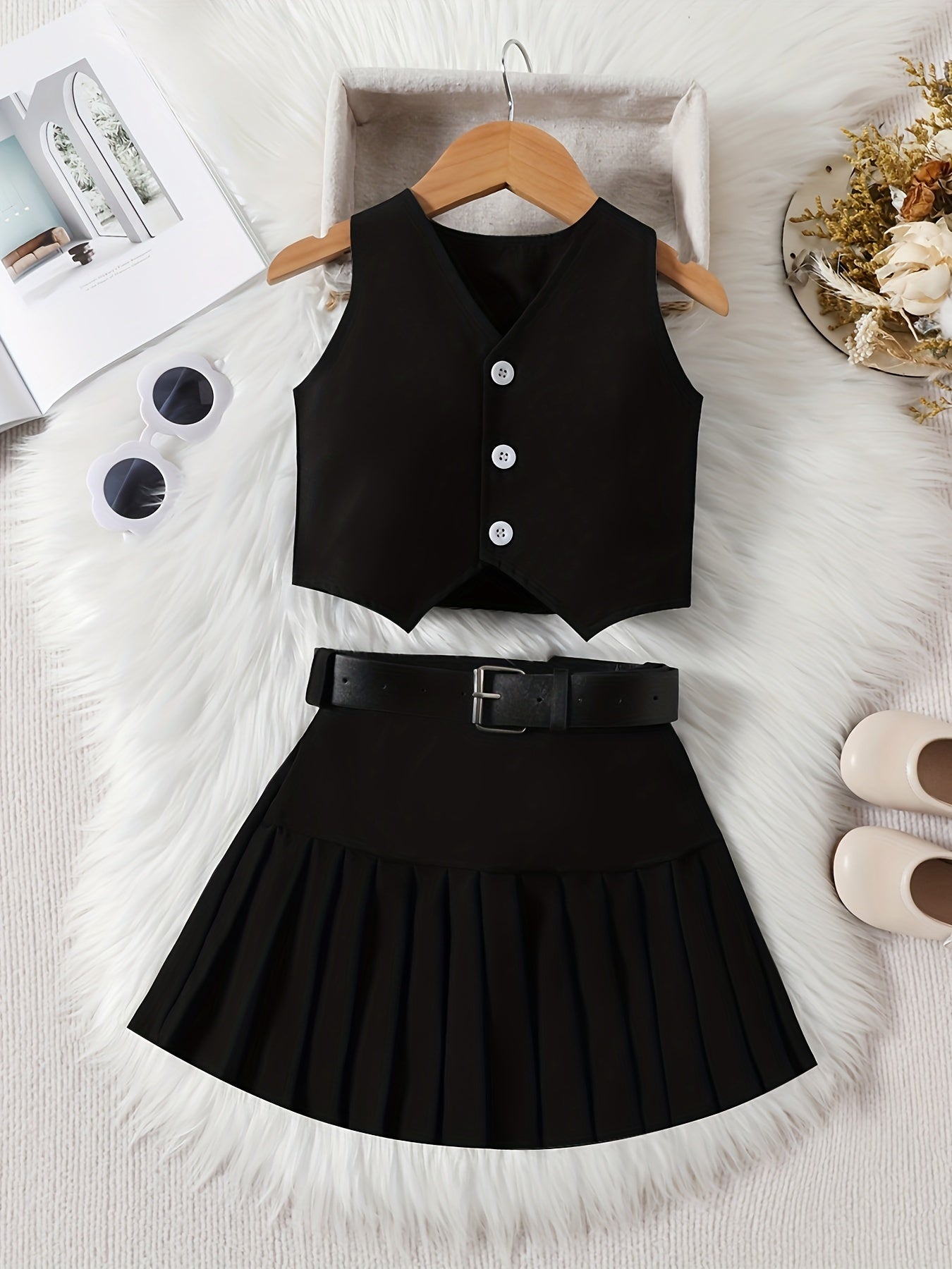 Girls 3-Piece Spring/Summer Set: V-Neck Tank, Pleated Skirt & Belt