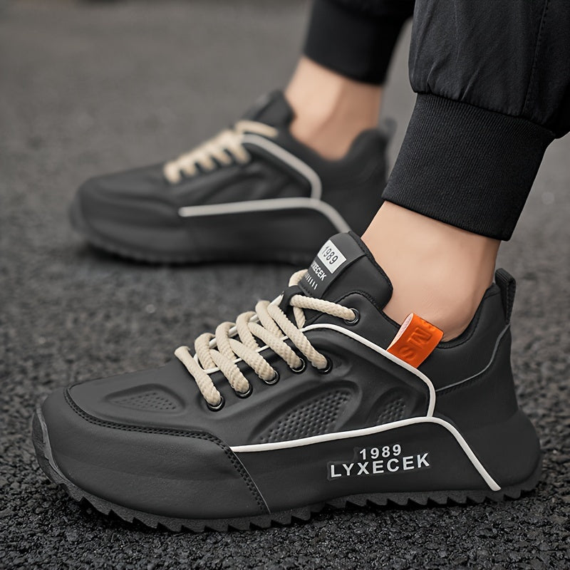 LYXCEK Men's Summer Casual Running Shoes - Trendy Chunky Sneakers with Height Boost, Black Beige, Lace-Up, Breathable Fabric Lining, Non-Slip PVC Sole, Fit