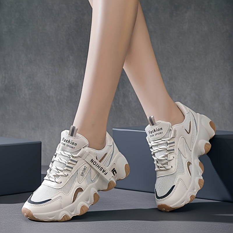 Women's Breathable Mesh Sneakers - Casual Lace-Up, Low Top Sneakers with Faux Cover PU Sole for Summer