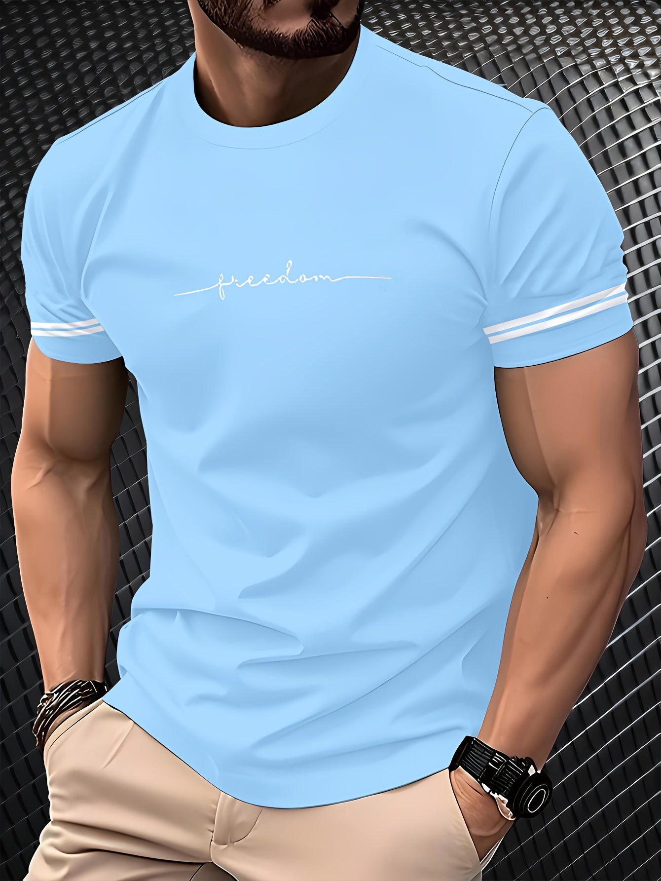 Men'S "Freedom" Graphic T-Shirt - Black Casual Crew Neck Tee with White Stripes, Breathable Polyester Blend, Regular Fit for Casual Attire, Everyday Tshirt Bold Print Tee Comfortable Fit, Knit