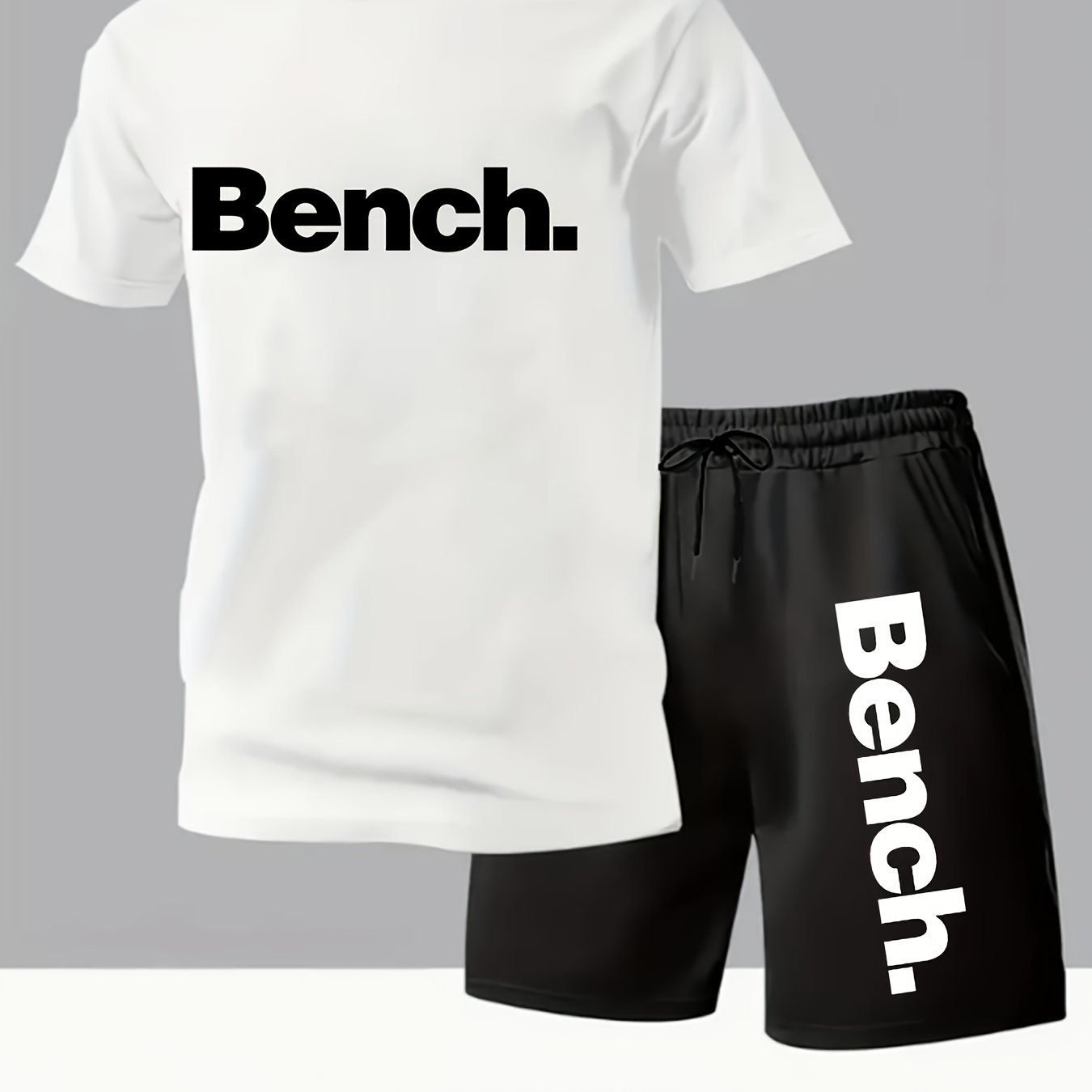 Summer Men'S Casual Sports Short Sleeve T-Shirt and Shorts Set, Comfortable Breathable, Suitable for Outdoor Jogging Running Fitness, Bench. Letter Print Design - 2pcs