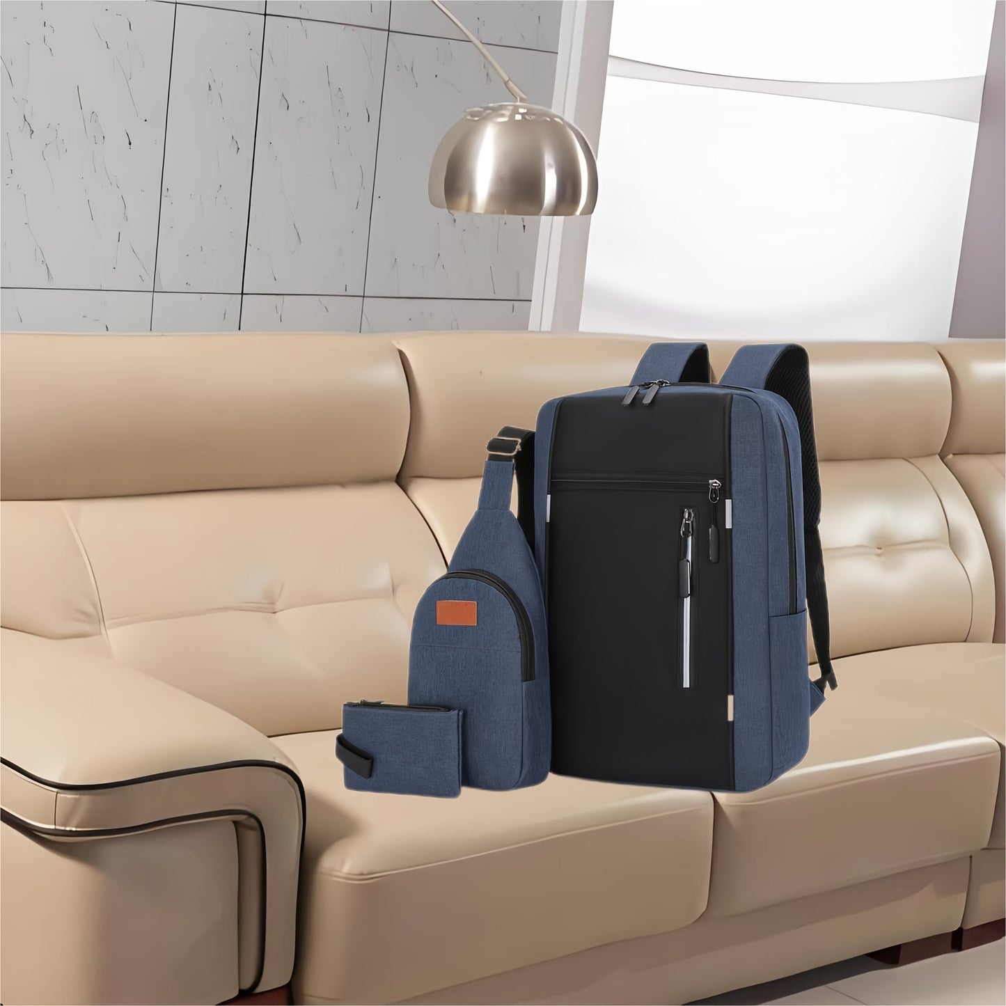 Three-Piece Set Men's Backpack, Includes Shoulder Bag and Coin Purse, Suitable for Back-to-School, Travel, Business, Casual Use with Large Capacity
