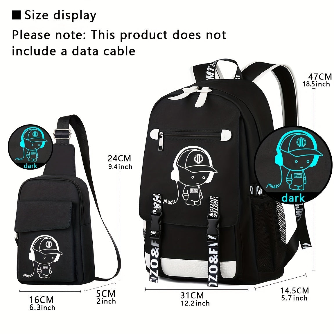 2pcs/set Luminous Men's Backpacks, Casual College Backpacks, Simple Cool Large Capacity Backpacks, Travel Computer Bag