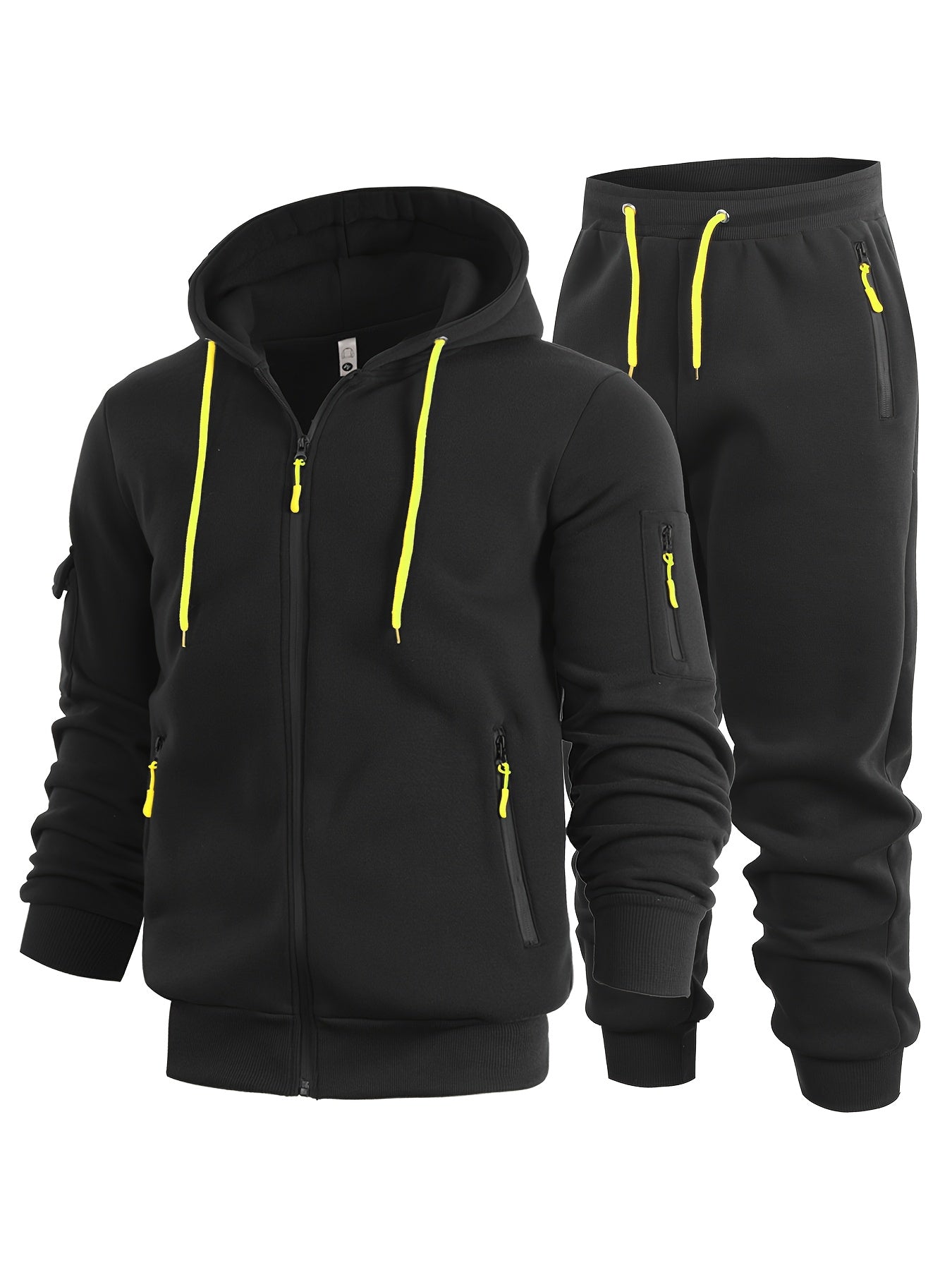 2pcs Men's Solid Color Hooded Long Sleeve Sweatshirt and Jogger Set, Suitable for Spring, Autumn, and Winter Sports Casual Outfit