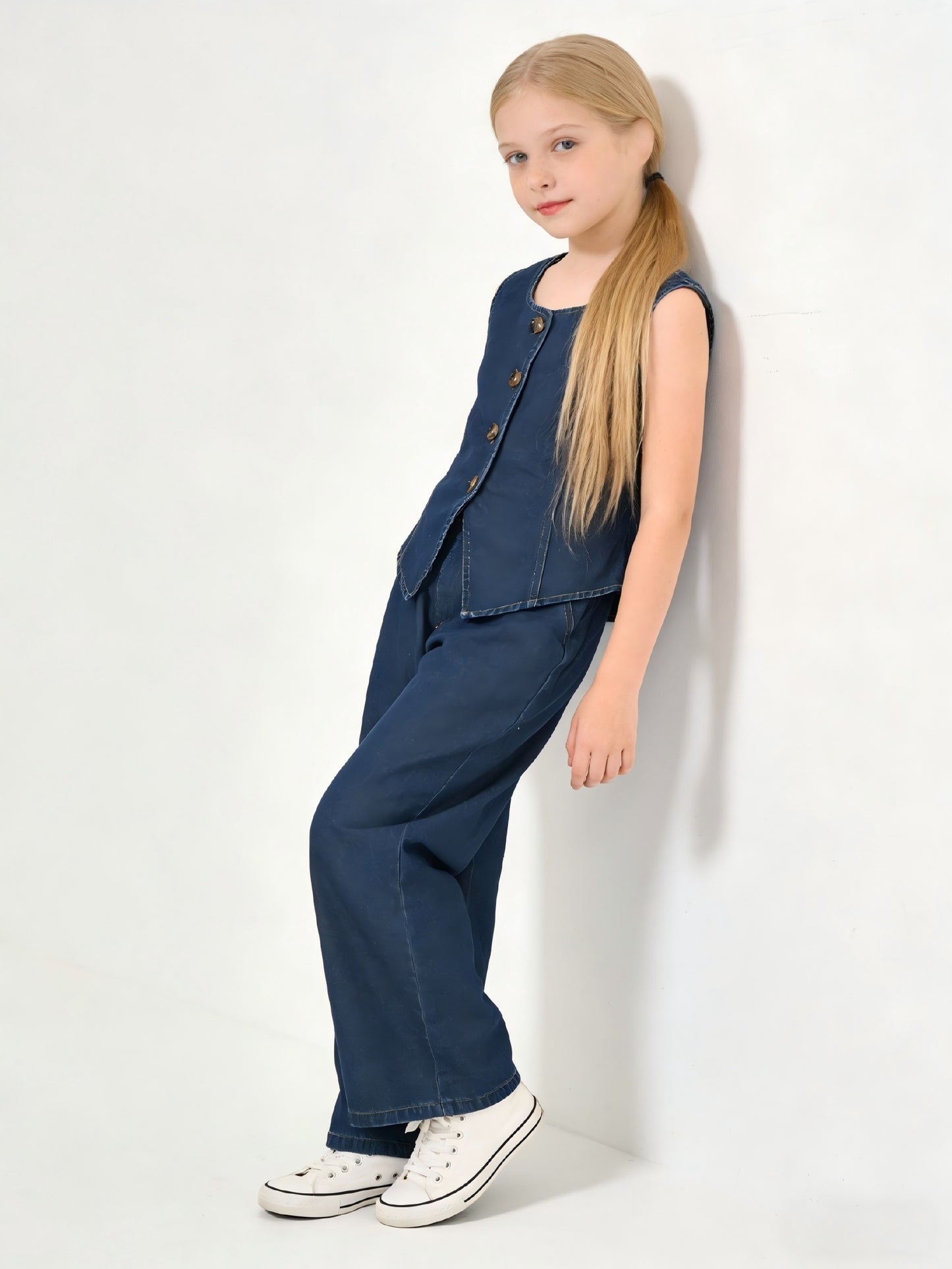 Girls' Summer Sleeveless Denim Vest & Wide-Leg Jeans Set