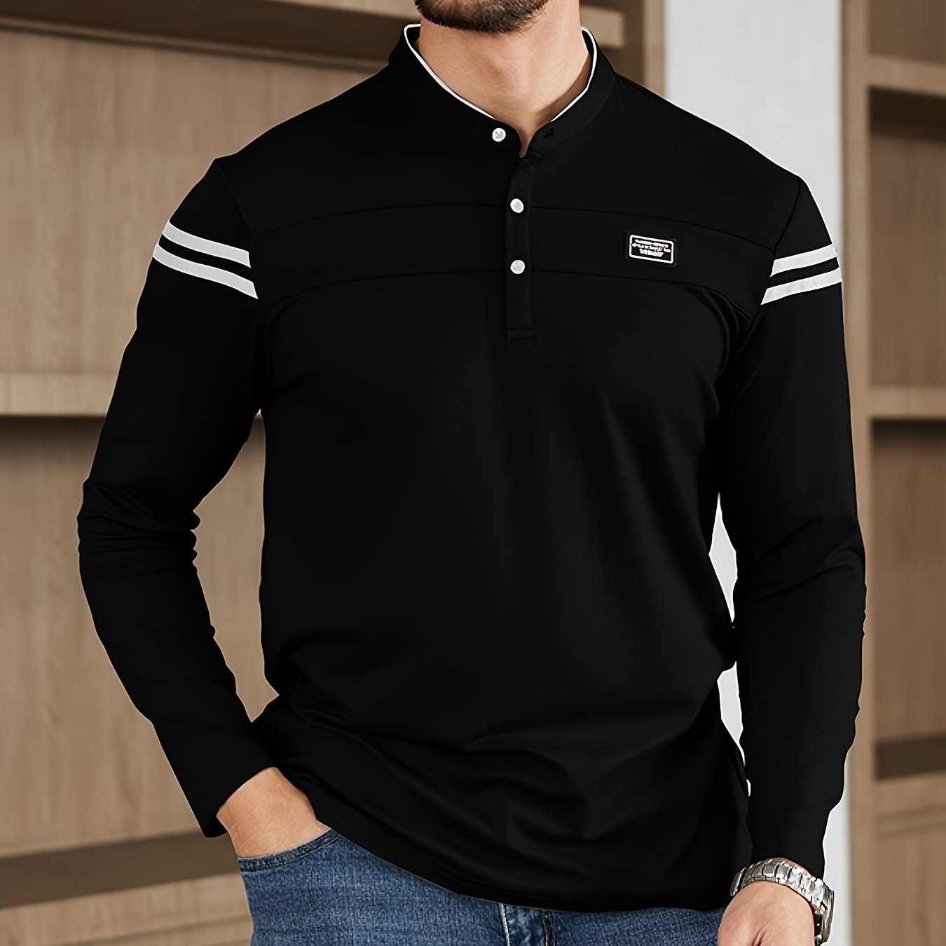 Men'S Casual Long Sleeve T-Shirt - Solid Color with Stand Collar Stripe Polo, Button-Up Front, Ideal for Outdoor Activities