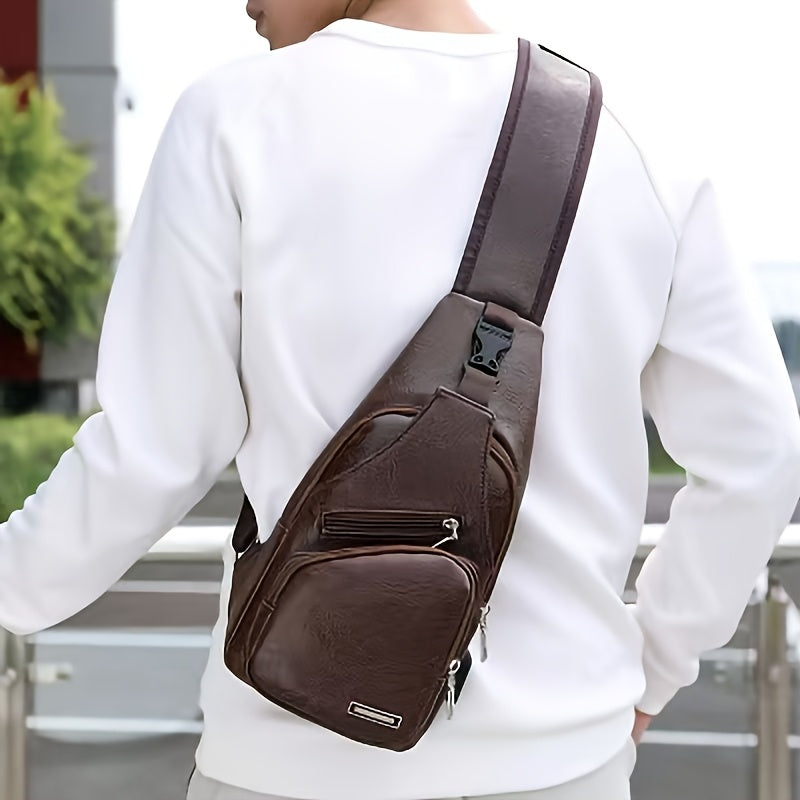 2025 New Men'S Fashion Chest Bag - Soft Faux Leather Anti-Theft Crossbody Bag with Multiple Compartments, Adjustable Strap Zipper Closure for Gym, Travel, Casual Outings (Brown), Secure Travel Pouch, Textured Finish