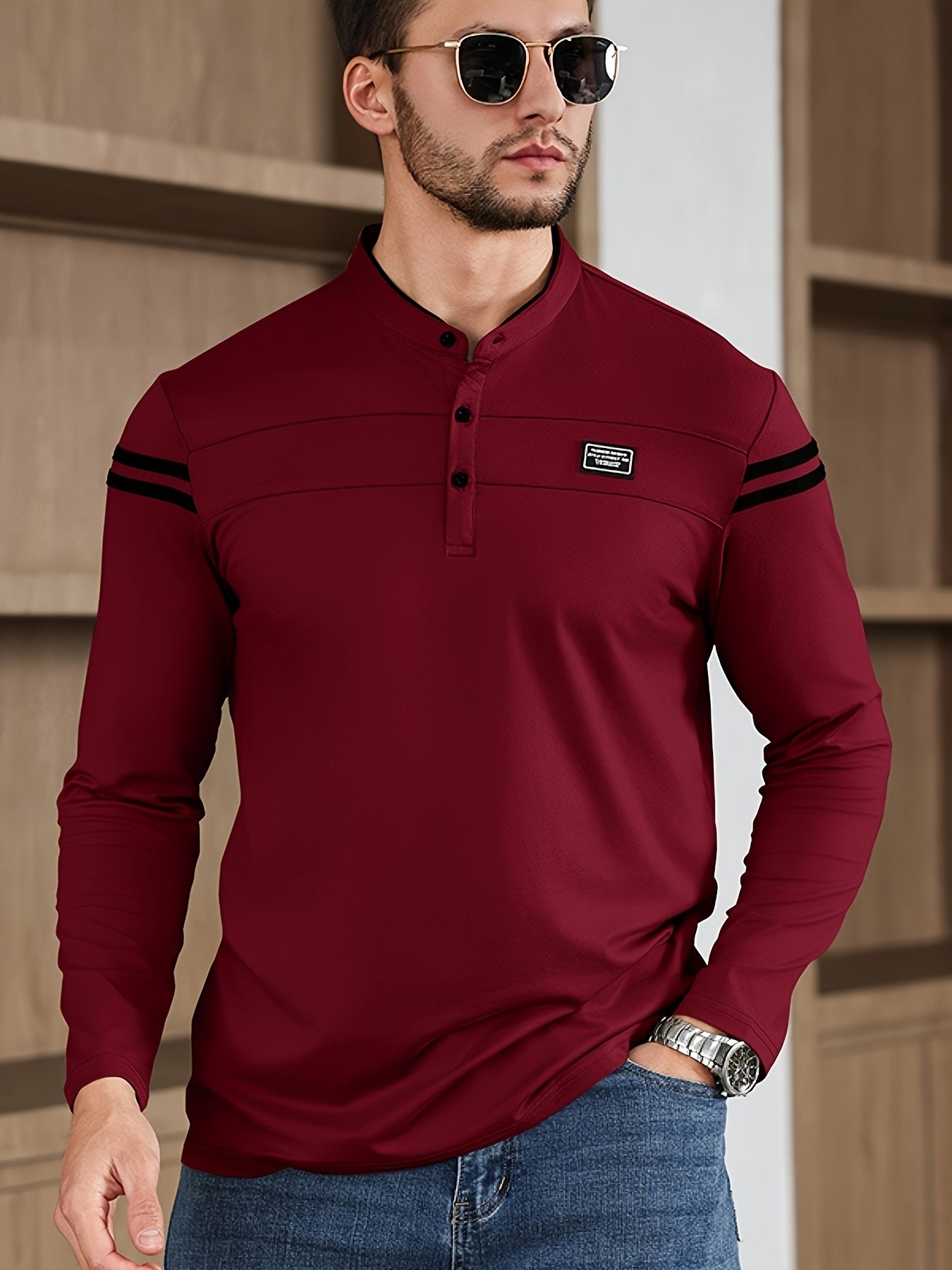 Men'S Casual Long Sleeve T-Shirt - Solid Color with Stand Collar Stripe Polo, Button-Up Front, Ideal for Outdoor Activities