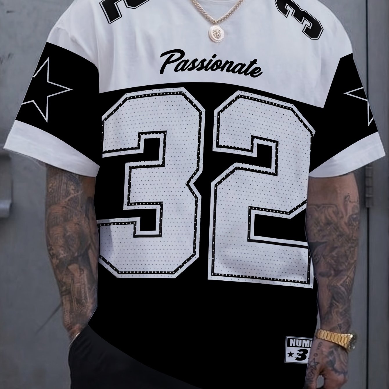 Men'S Summer Casual Crew Neck T-Shirt - Short Sleeve, Print Number 32 Design, White Black Contrast, Regular Fit Casual Top for Casual Attire, Leisure Clothing Contrast Color Top Comfortable Fit