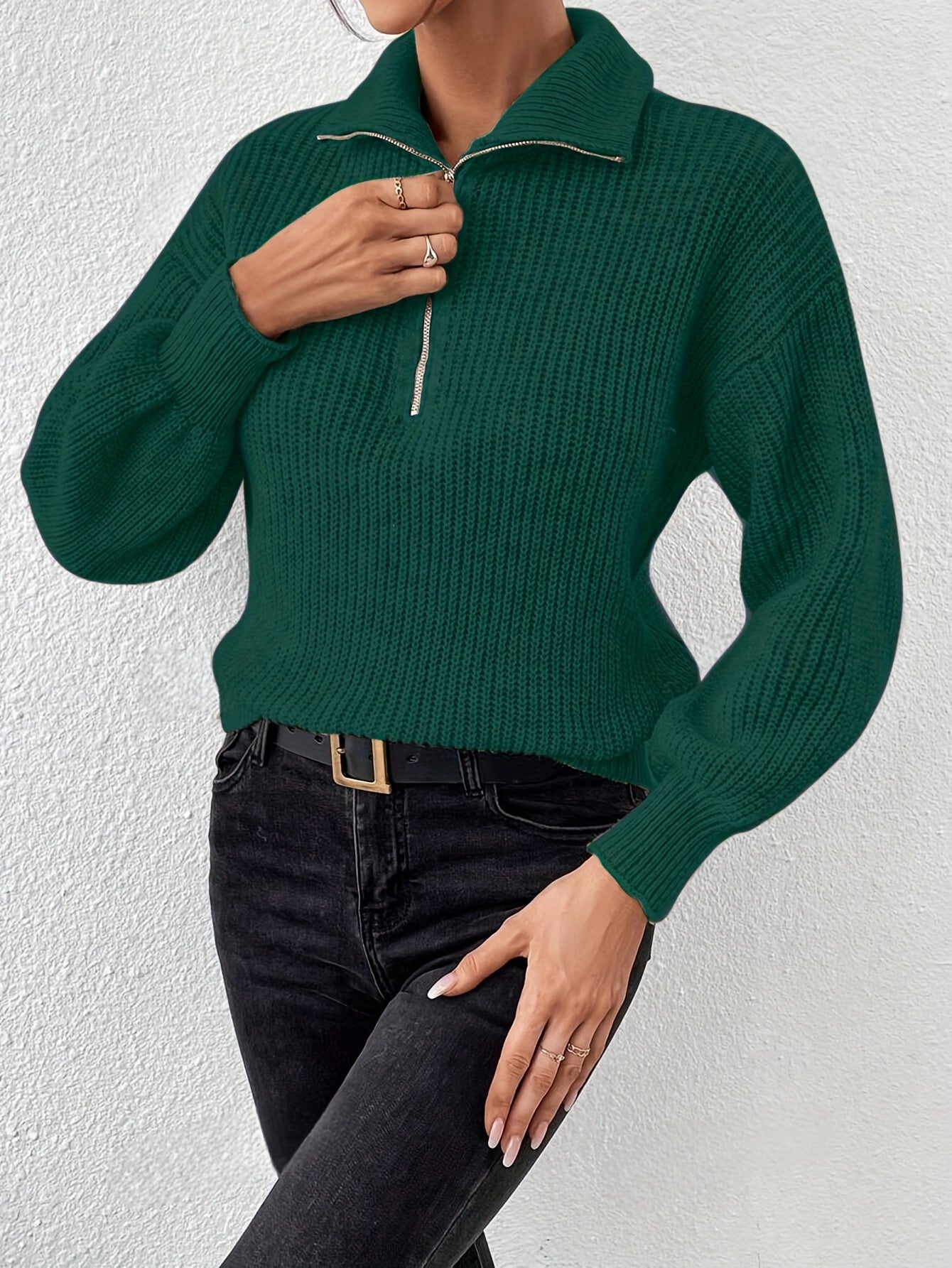 Women's Elegant Half-Zip Solid Color Polyester Sweater