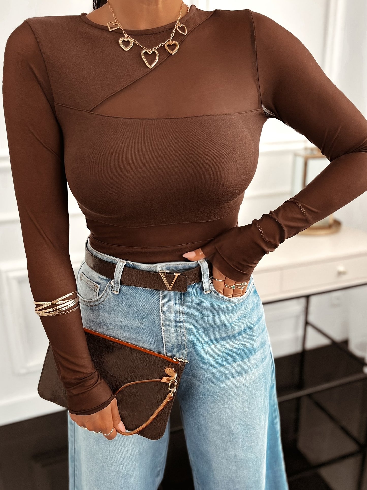 Elegant Mesh Panel Long Sleeve T-Shirt - High-Stretch Blouse with Net Sleeve Trim, All-Season White Shirt for Casual & Formal Wear, Breathable & Wrinkle-Resistant, Hand Wash/Dry Clean (ASD1) - Versatile Wardrobe Staple