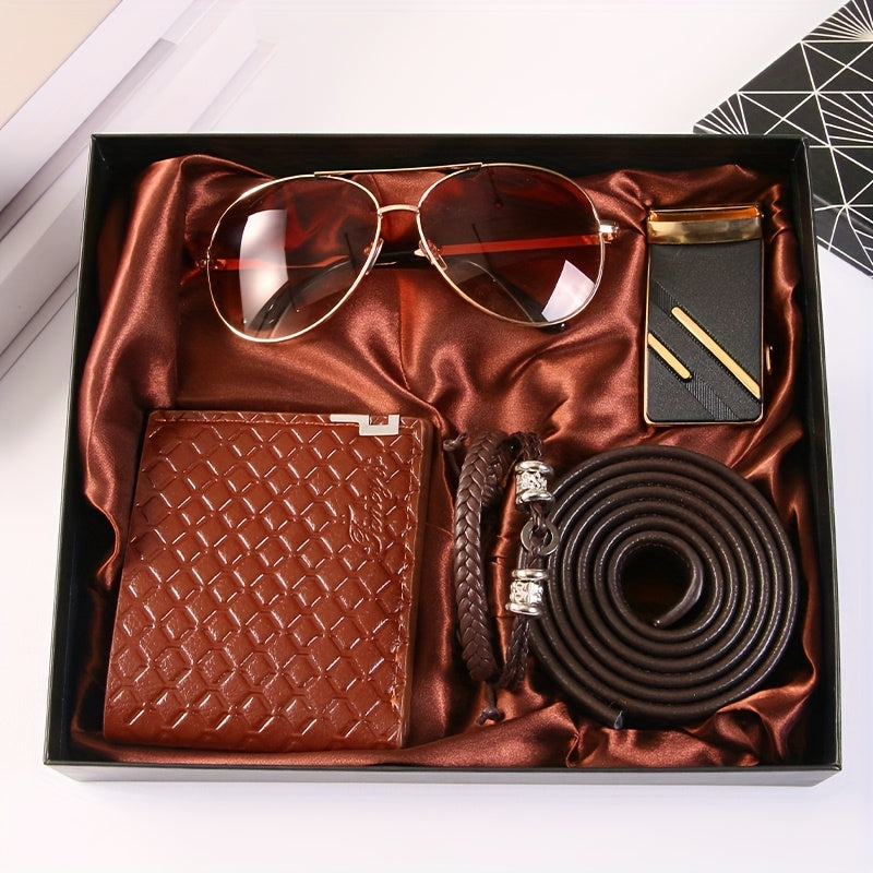 5pcs Men'S Gift Set: Automatic Buckle Belt, Exquisite Fashion Glasses, Bracelet, Stylish Wallet, with Gift Box. Fashionable Set, Essential for Trendy Men