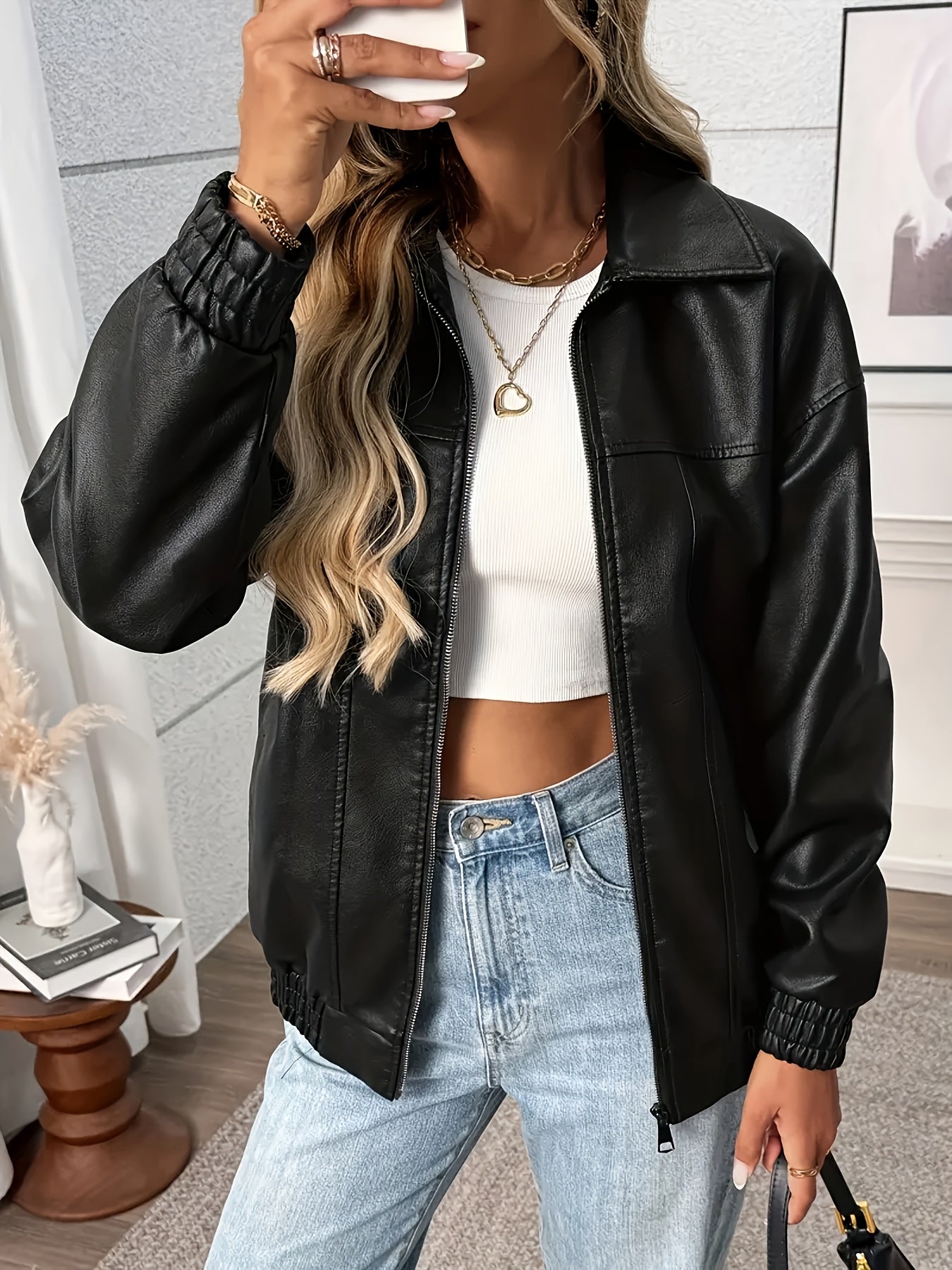 Graceful Special Edition Women's Solid Color Zip-Up PU Casual Long Sleeve Jacket