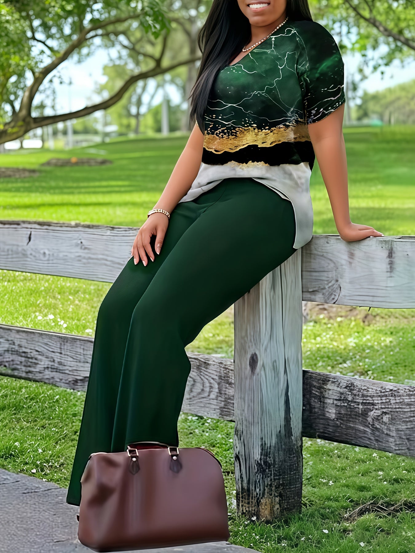 Xi Jun Bamboo Premium Casual Elegant V-Neck Printed Short Sleeve T-Shirt and Pants Two-Piece Set