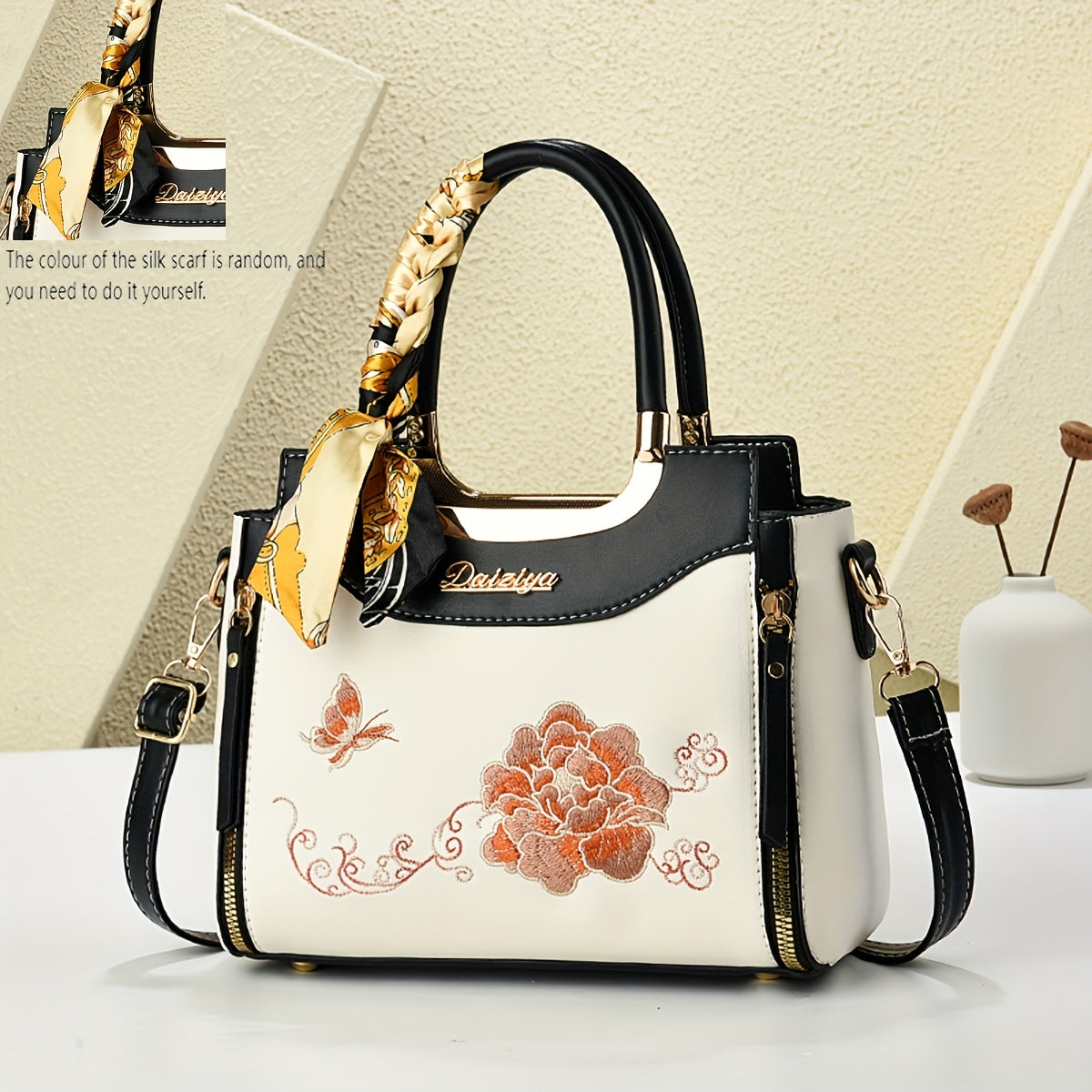 Embroidered Colorful Wo 'S Handbag with Random Scarf Color, Business Spring/Summer Date, Casual Travel, Mother'S Day Gift, Large Capacity, Middle-Aged, Commuting, Contrast Color