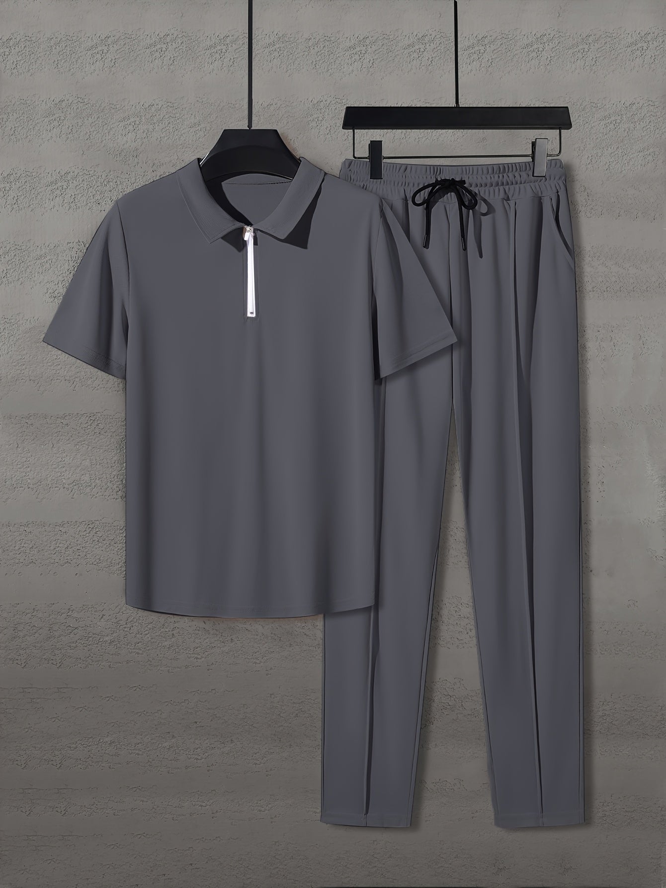 Men'S Summer Solid Color Trendy Casual Suit Collared Short Sleeve Long Pants Suit, Perfect for Outdoor