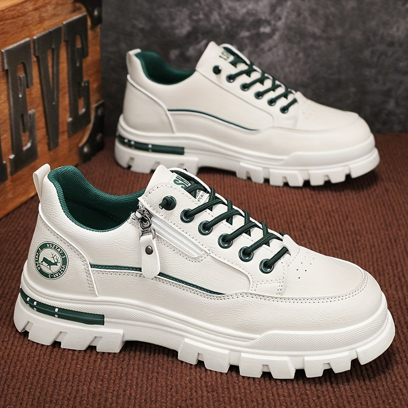 Men's Casual Sneakers - White Green Low-Top Design, Comfortable PU Upper with Fabric Lining, Durable PVC Sole, Perfect for Casual Attire and Sports