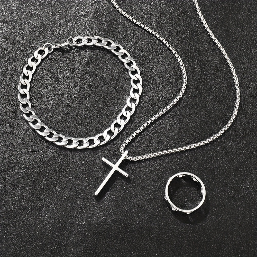 3pcs 's Fashion Jewelry Set: Hip Hop Bracelet, Necklace & Ring - Alloy Gift for Boyfriend/Husband, for Teenager