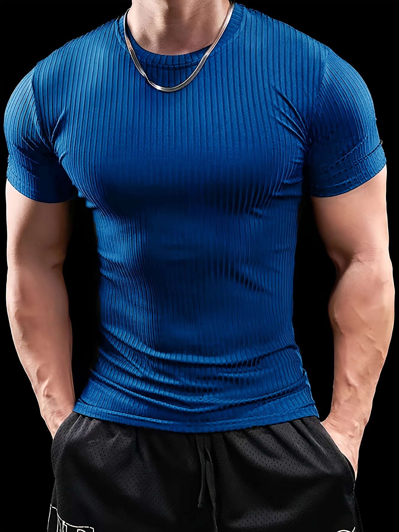Men's Stretch Fit Short Sleeve T-Shirt - Breathable, Comfortable Polyester Blend, Solid Blue, Crew Neck, Casual Sporty Style for Spring/Summer