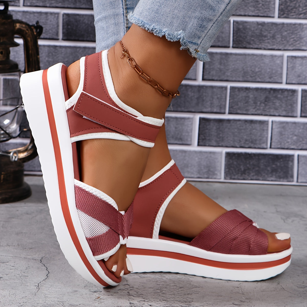 Women's Adjustable Hook-and-Loop Strap Wedge Sandals - Breathable Fabric Upper Thick Cushioned Mid-Heel, Open-Toe Summer Casual Shoes with PU Sole for Beach, Office, Shopping, Chunky Heel Sandals, Beach Footwear, Stylish Fo