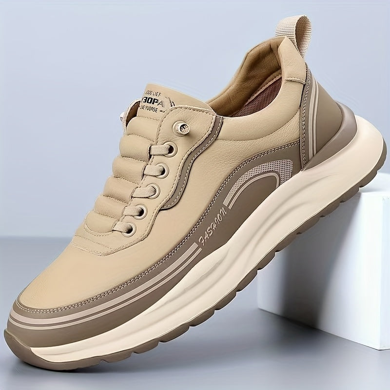 Men's Breathable Lightweight Casual Sneakers - Soft EVA Sole, White Brown Low-Top Lace-Up Shoes for Casual Attire Light Running, All-Season Comfort, Sleek Shoe Design, Daily Walking, Minimalist Style, Flexible Sole, Urban