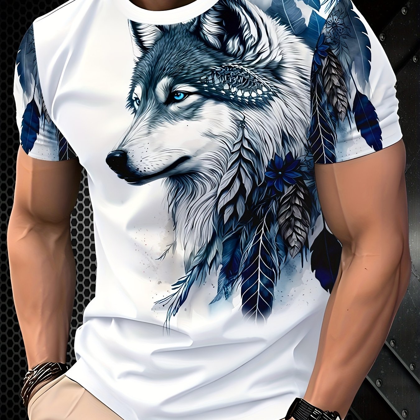 Men's Casual Breathable T-Shirt - White Round Neck Regular Fit, Machine Washable Durable Digital Print for Outdoor Casual Attire, Naturethemed Apparel, Wolf Graphic Tee, Comfortable Fabric