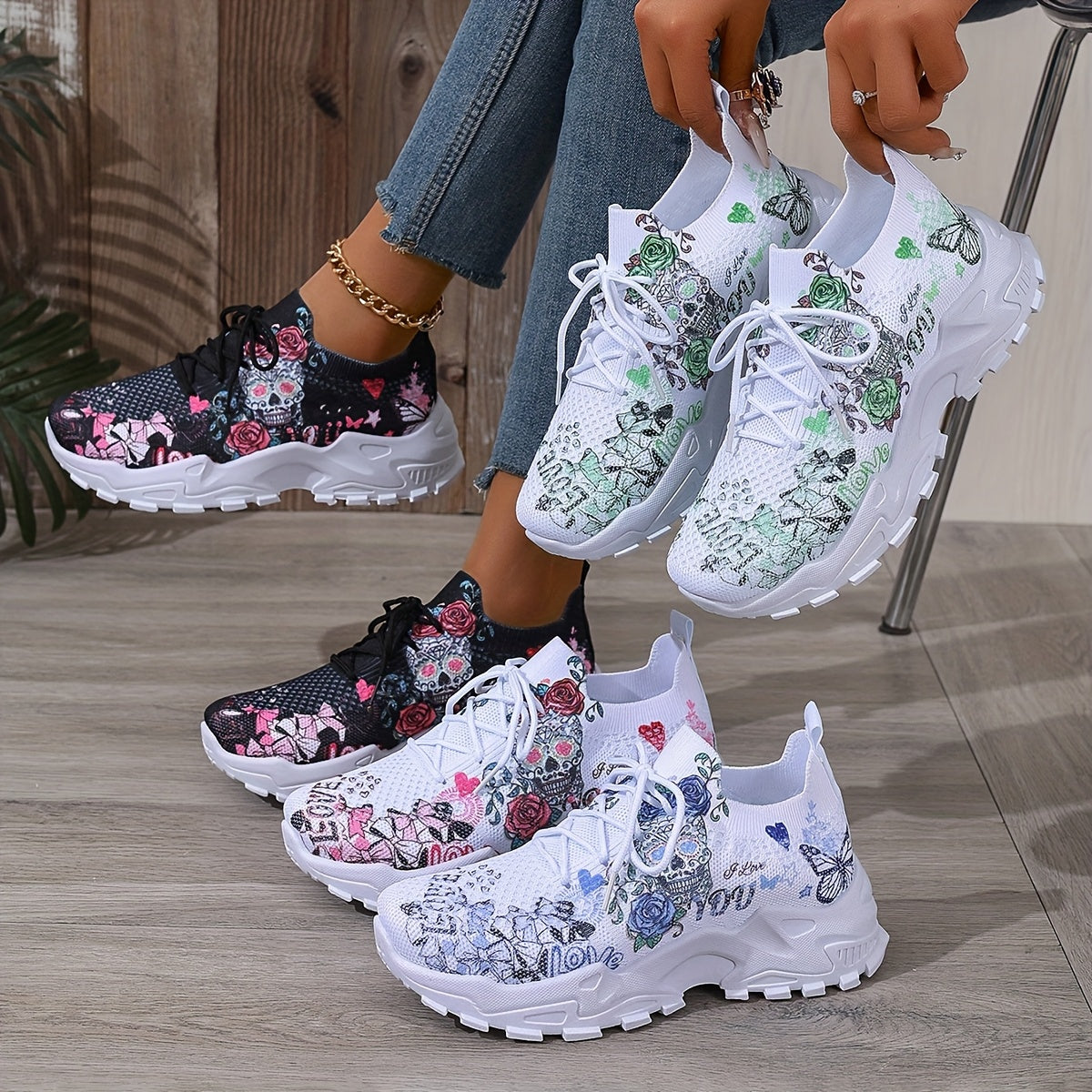 Women's Floral Skull Print Breathable Mesh Sneakers, Lightweight Low-Top Running Shoes with Soft PU Sole, Stylish Pink White Design for Casual Wear, Outdoor Travel Halloween Events, Allseason Footwear Japaneseinspired